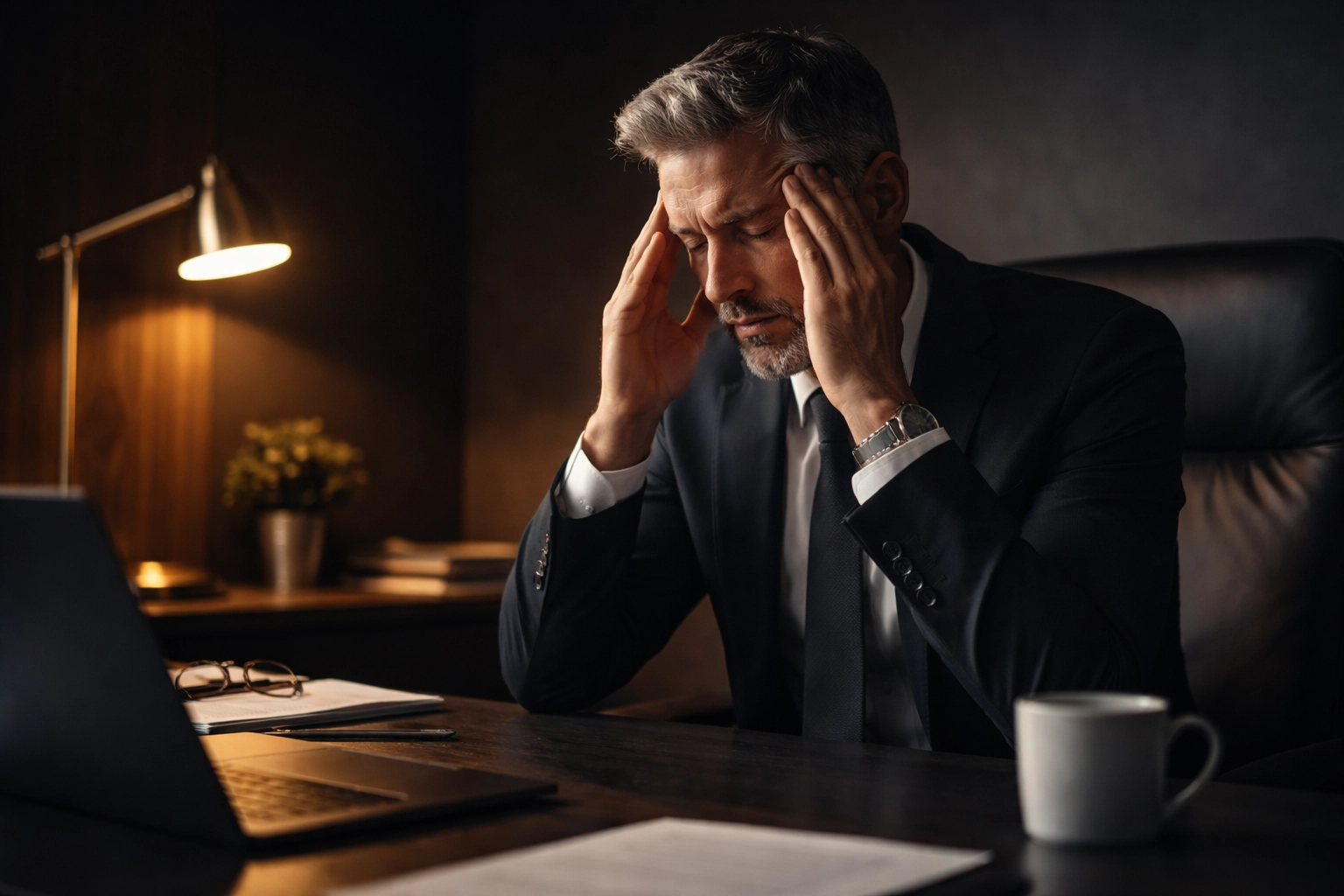 Stressed middle-aged man in suit highlights the hidden cost of feeling 'comfortably unhealthy' for men's health.