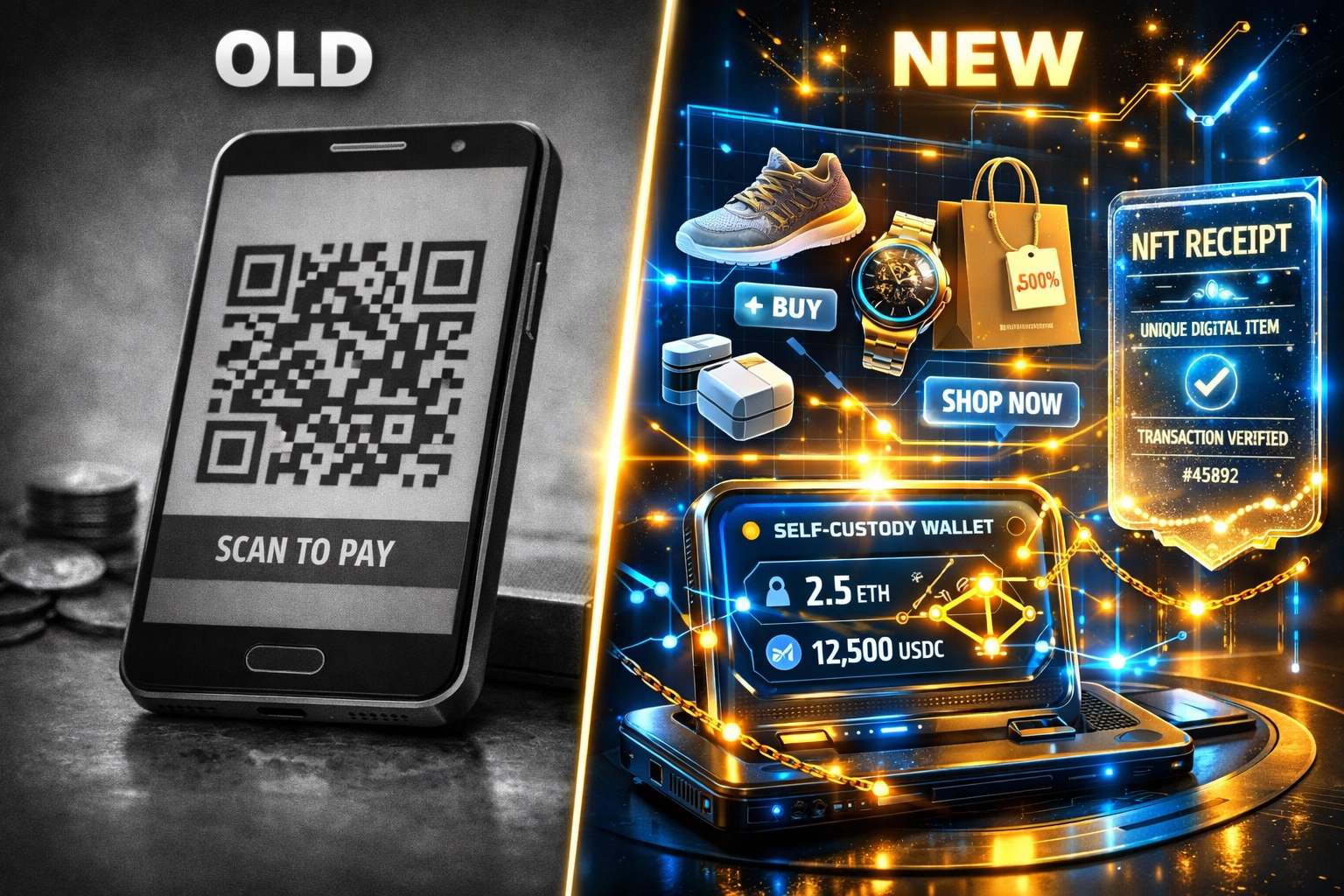 QR code versus AR shopping interface comparison showing NFT receipt and self-custody wallet technology