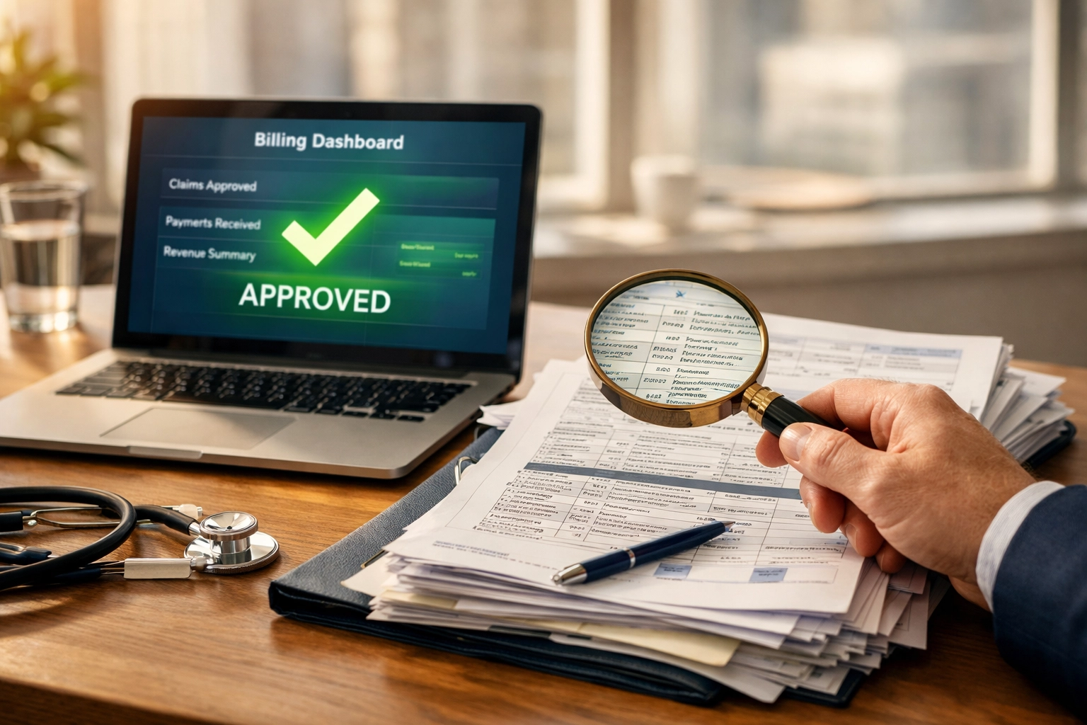 Human oversight in medical billing: a consultant auditing coding documents alongside automated software.