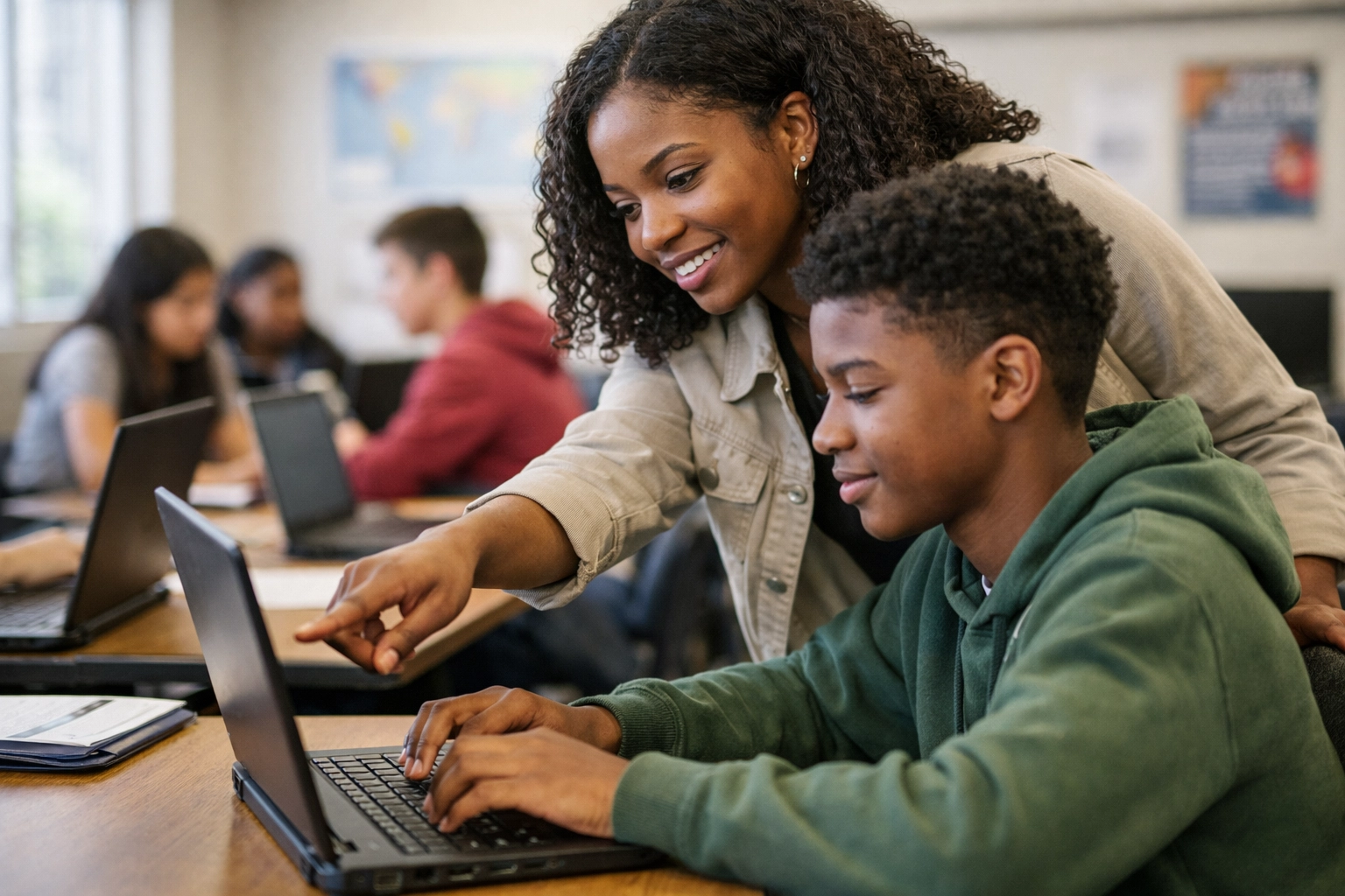 Black mentor teaching digital skills to a student in a community lab to foster economic liberation.