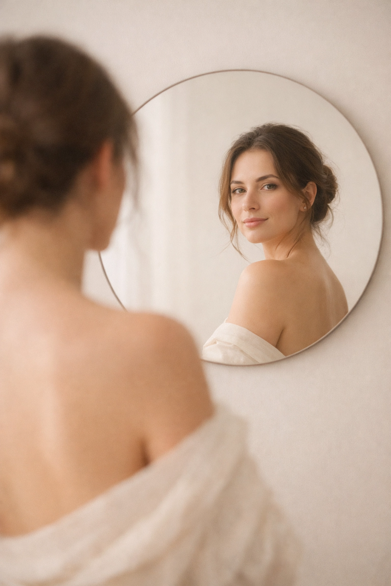 A woman looking at her confident reflection in a mirror, emphasizing body awareness and well-being through female pleasure.