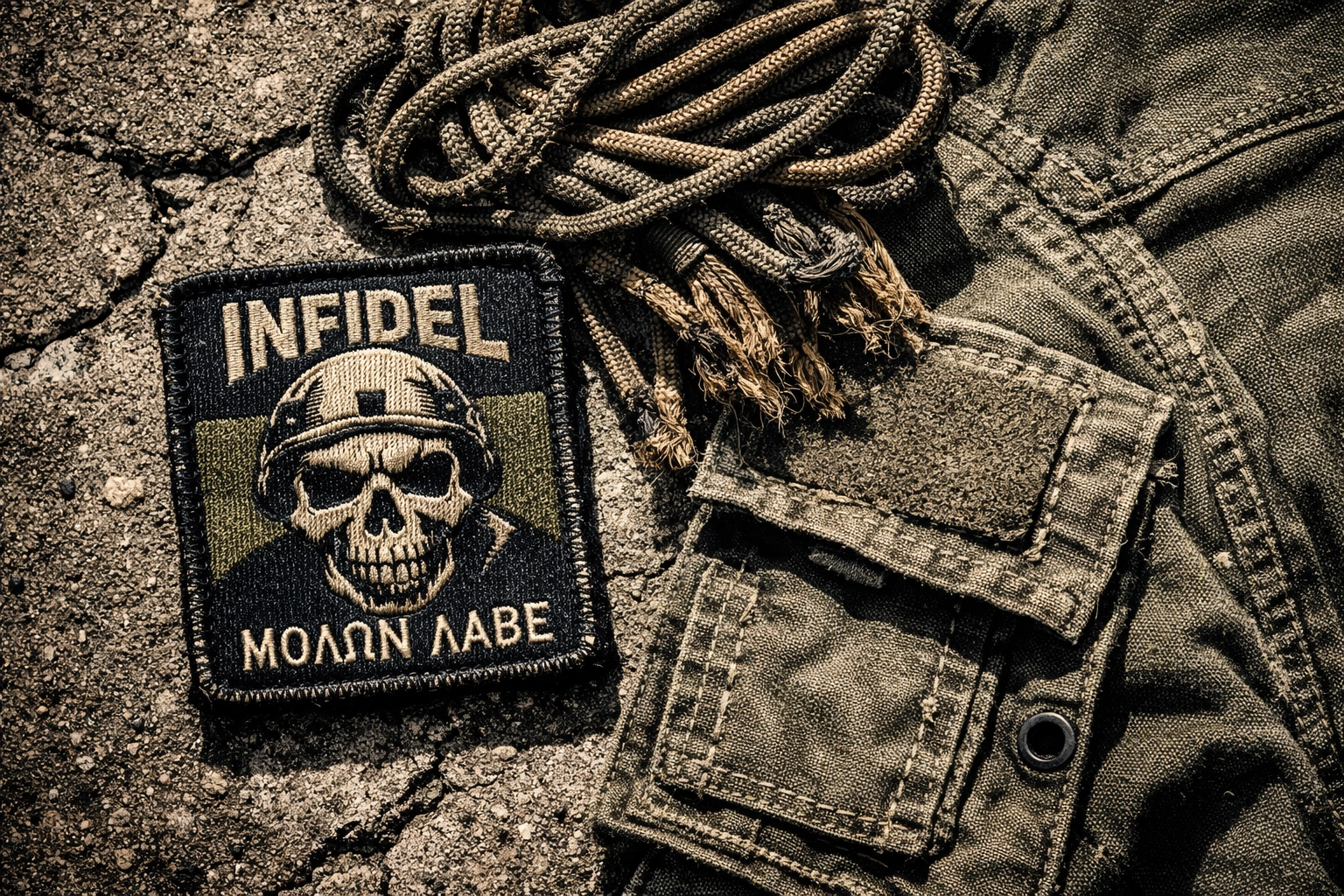 Worn tactical morale patch and gear on concrete showing durability and real-world use