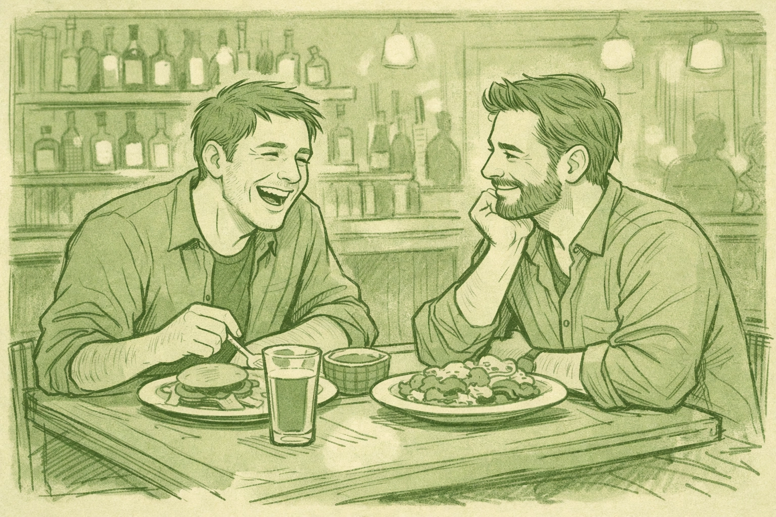 Two men enjoying dinner at New Orleans LGBTQ+ neighborhood bar