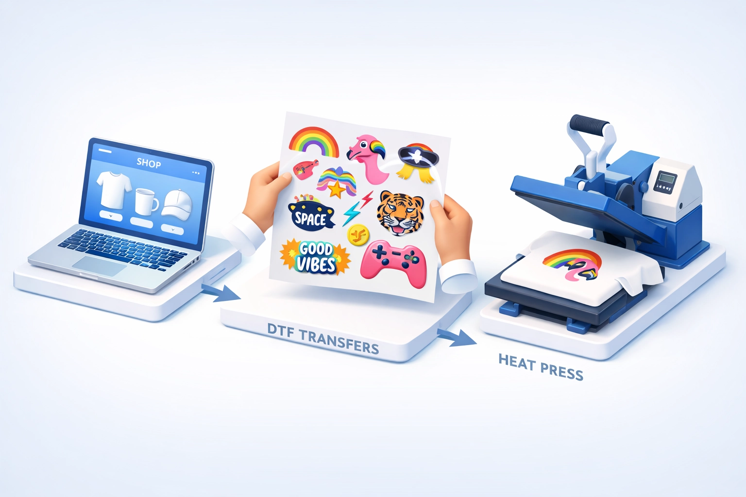 Print on demand workflow from online store to DTF transfer to finished custom t-shirt