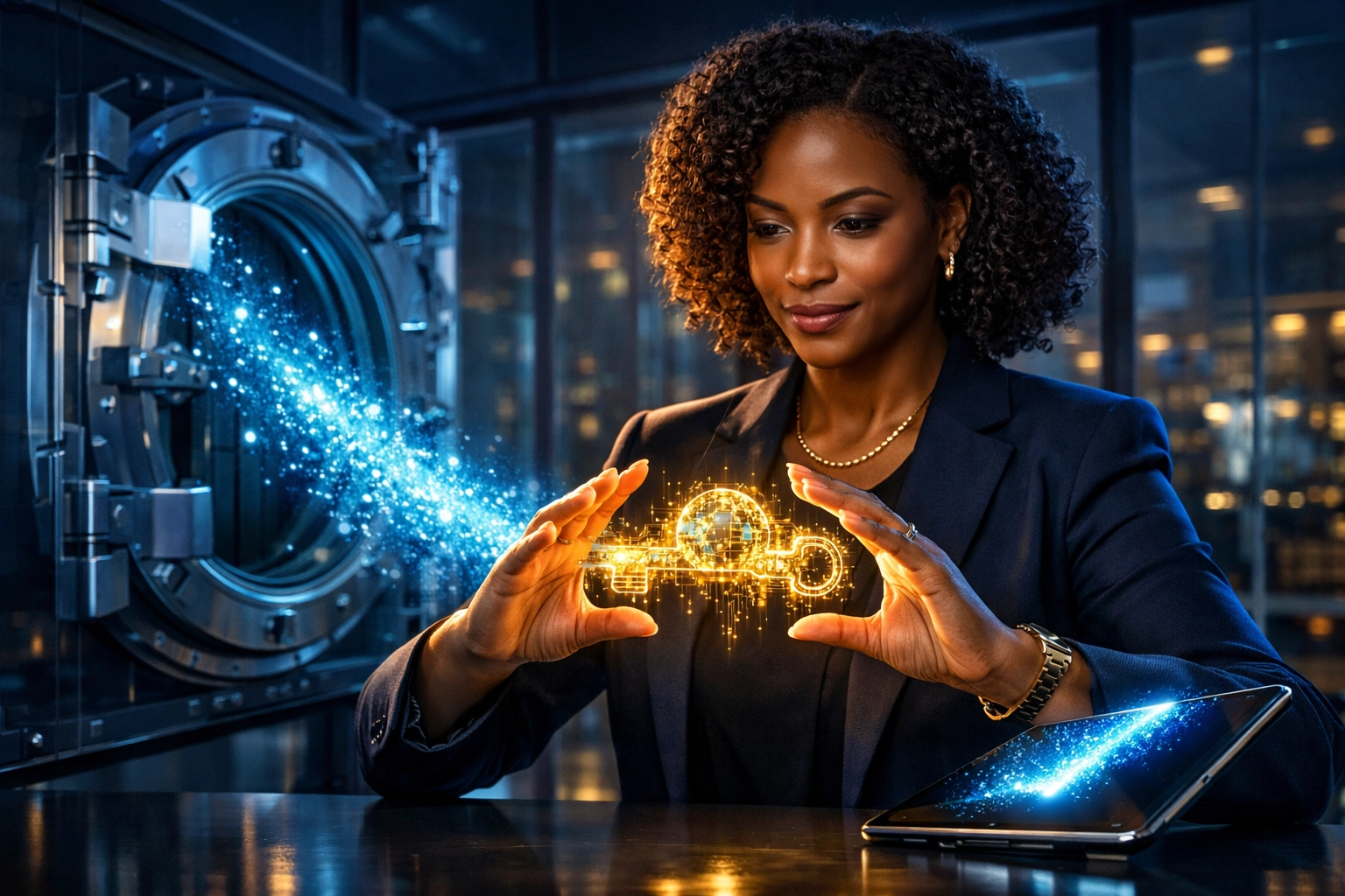 Merchant holding a digital key to a secure vault representing self-custody merchant accounts.