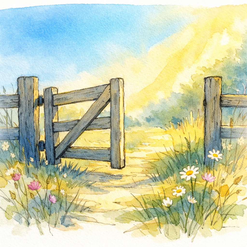 Open gate in peaceful meadow symbolizing healthy boundaries and biblical stewardship in leadership