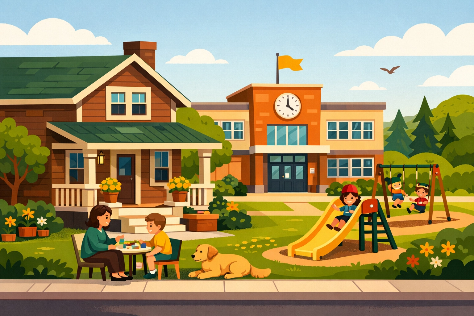 Illustration of a home and school for in-home and in-school ABA therapy across Texas and North Carolina.