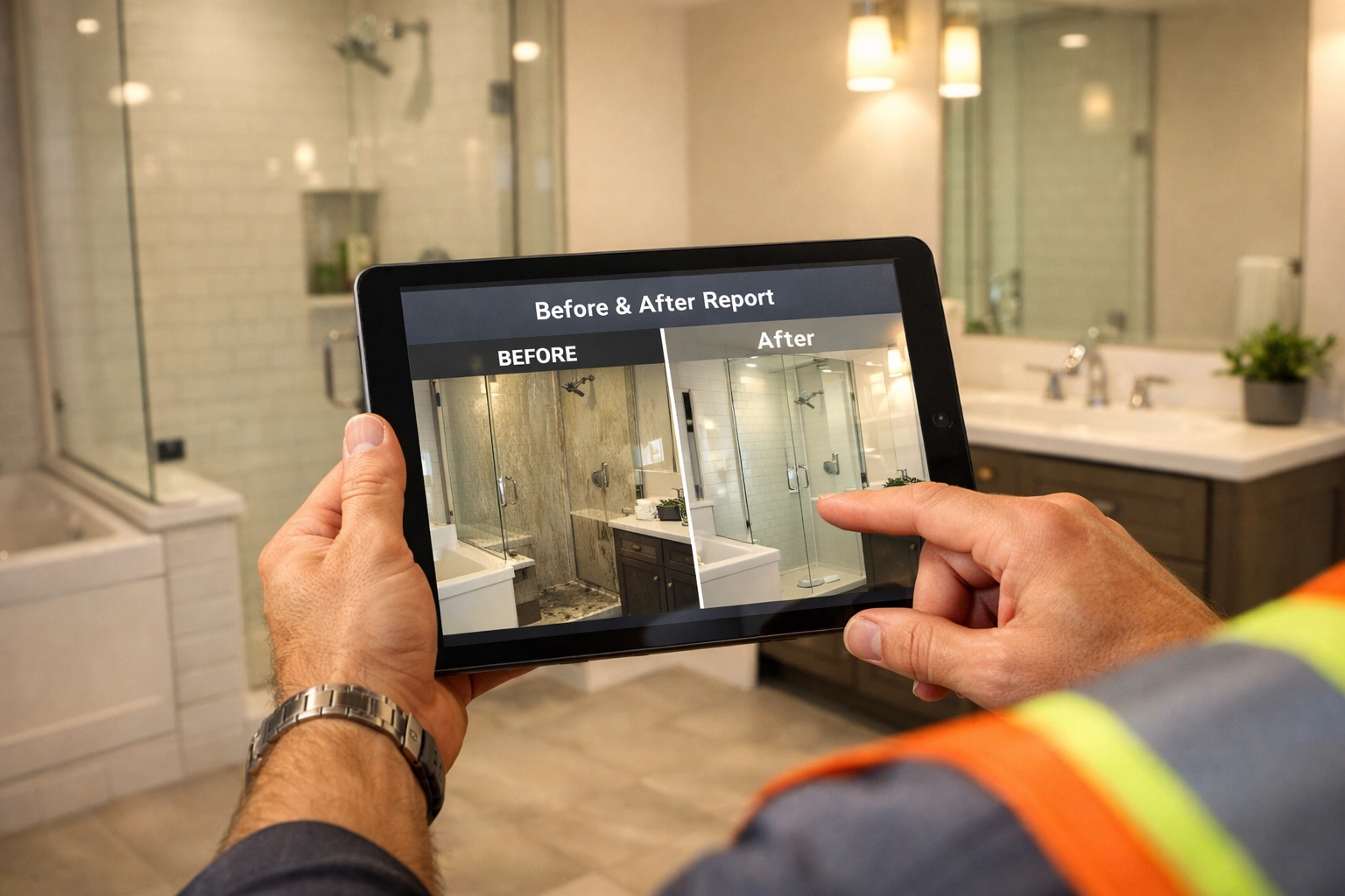 New Leaf Cleaning supervisor viewing a digital before-and-after report on a tablet in a clean bathroom.