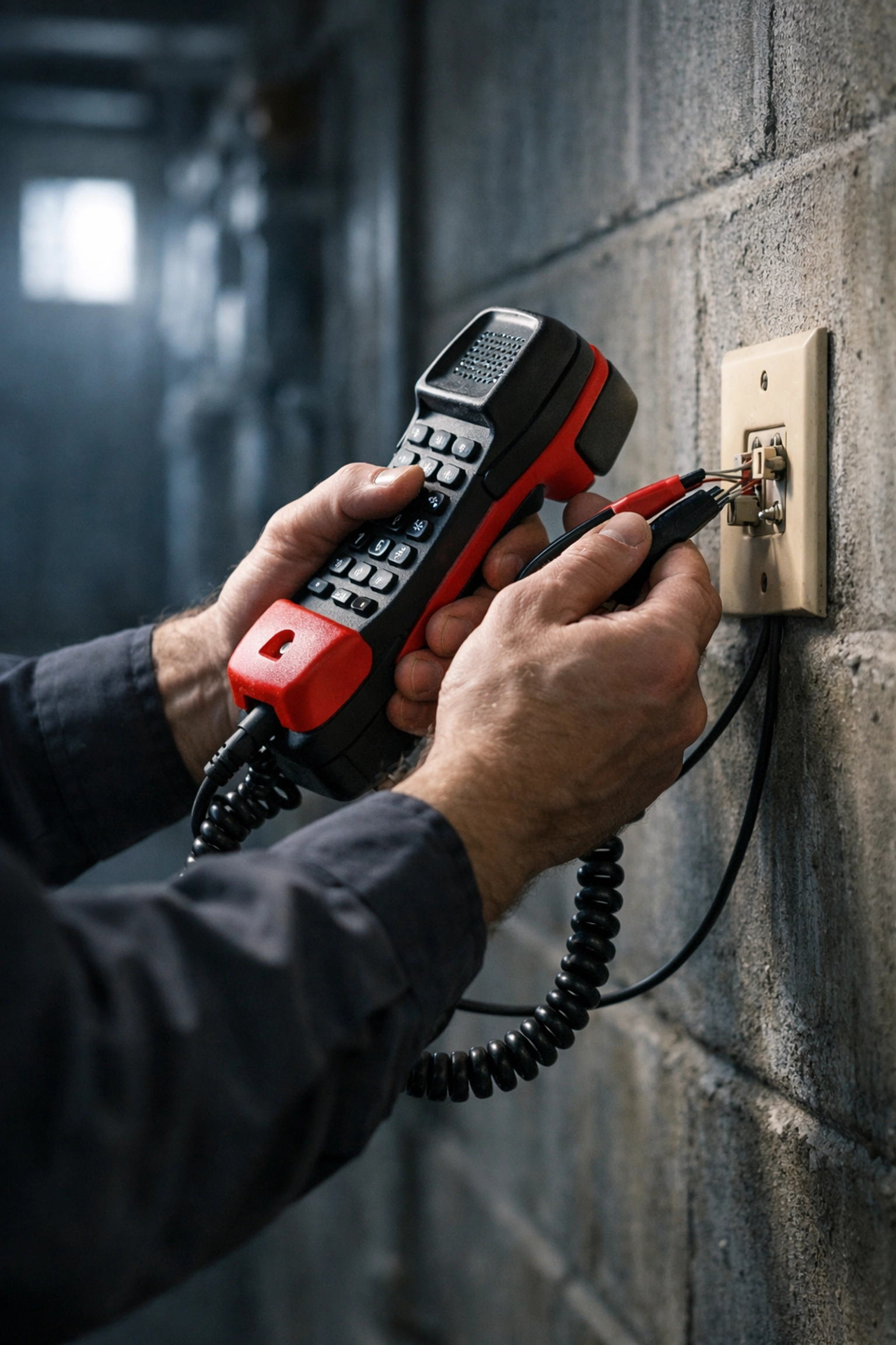 Technician using butt set test handset to audit and identify active POTS lines at wall jack