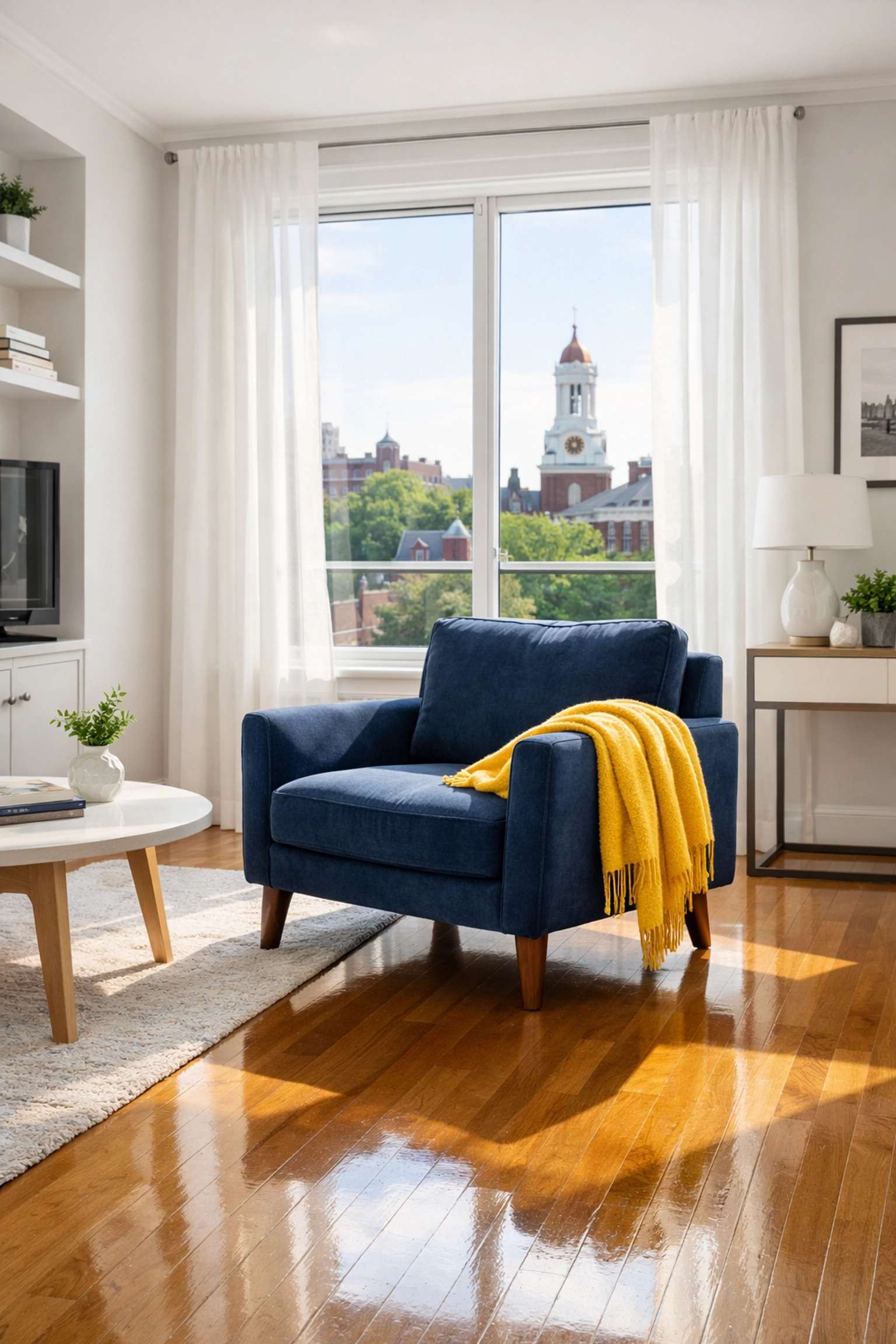 Spotless Cambridge living room showing the results of professional apartment cleaning Massachusetts.