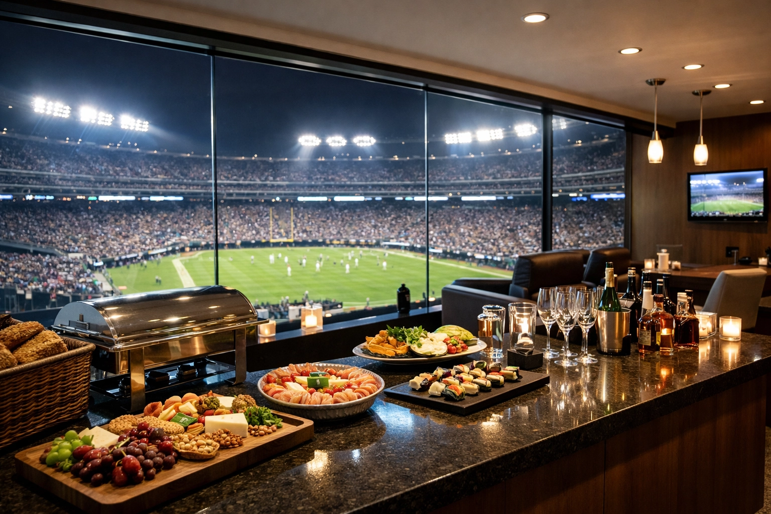 Exclusive corporate hospitality suite with catering overlooking a brightly lit stadium field.