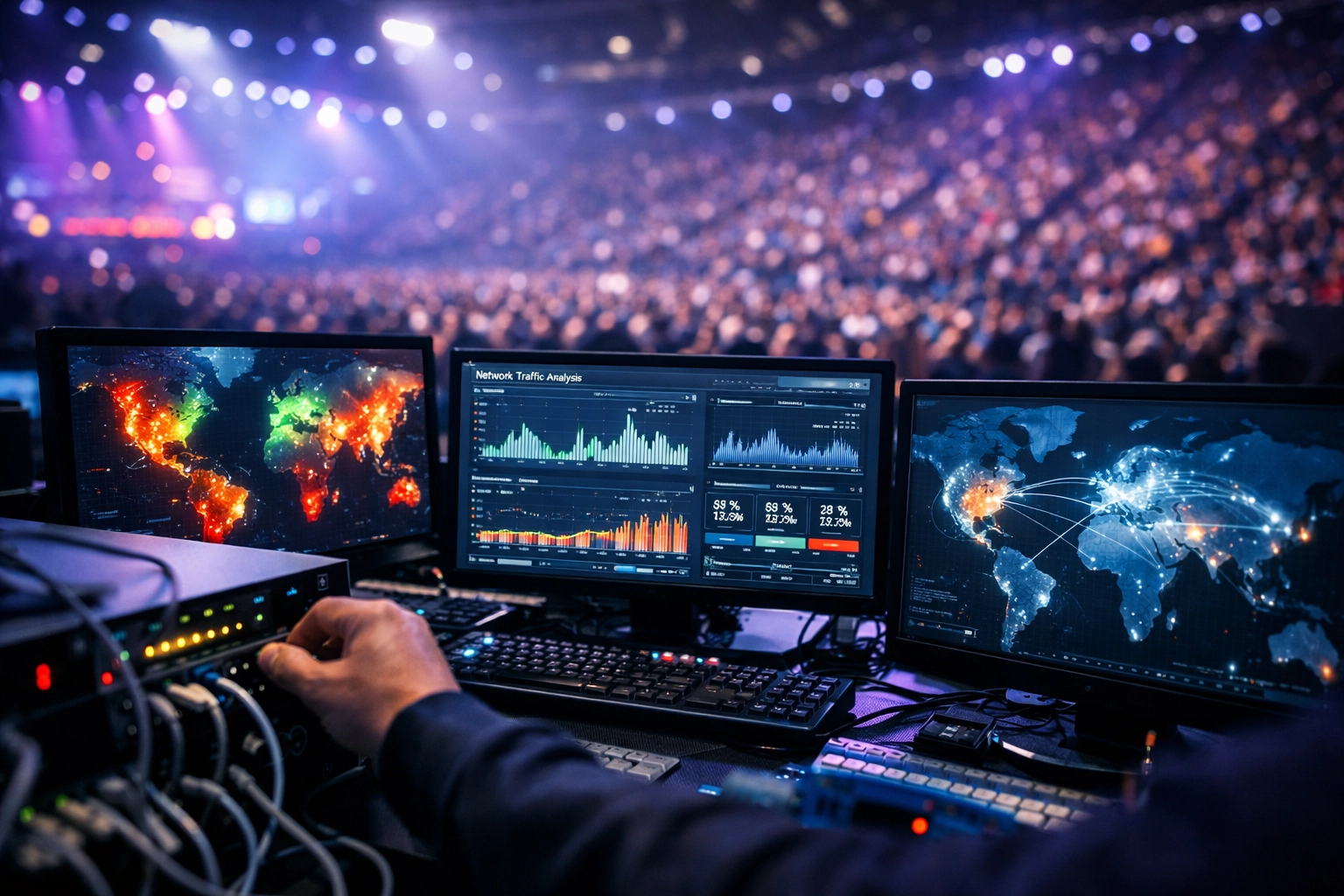 High-density event network management showing data heatmaps to ensure reliable WiFi capacity for large crowds.