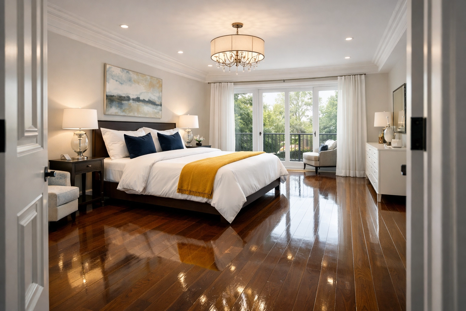 A spotless, decluttered master bedroom with shiny hardwood floors after professional House Cleaning Auburn MA.