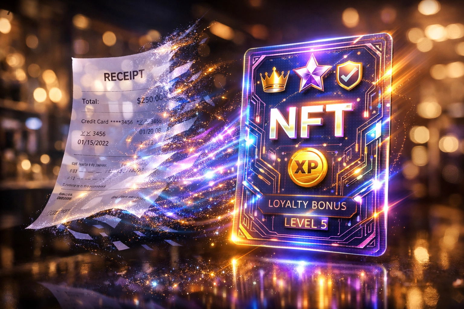 Holographic transaction receipt transforming into NFT collectible card with loyalty rewards