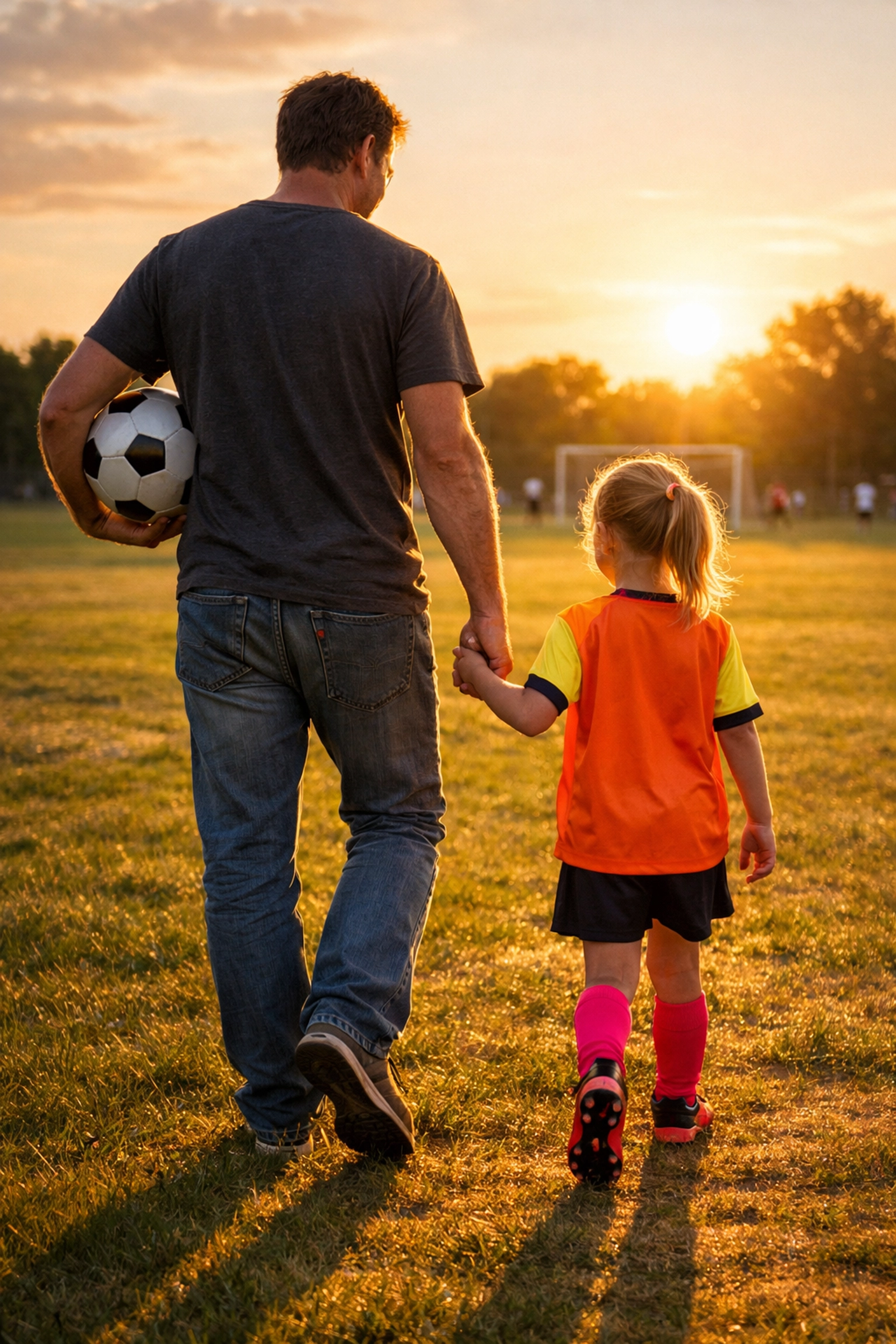 Father and daughter walking hand-in-hand to soccer practice at golden hour