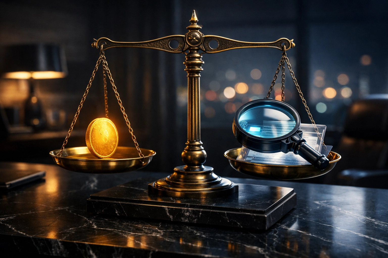 Professional tax preparation help showing balanced scales and magnifying glass over financial records for transparency.