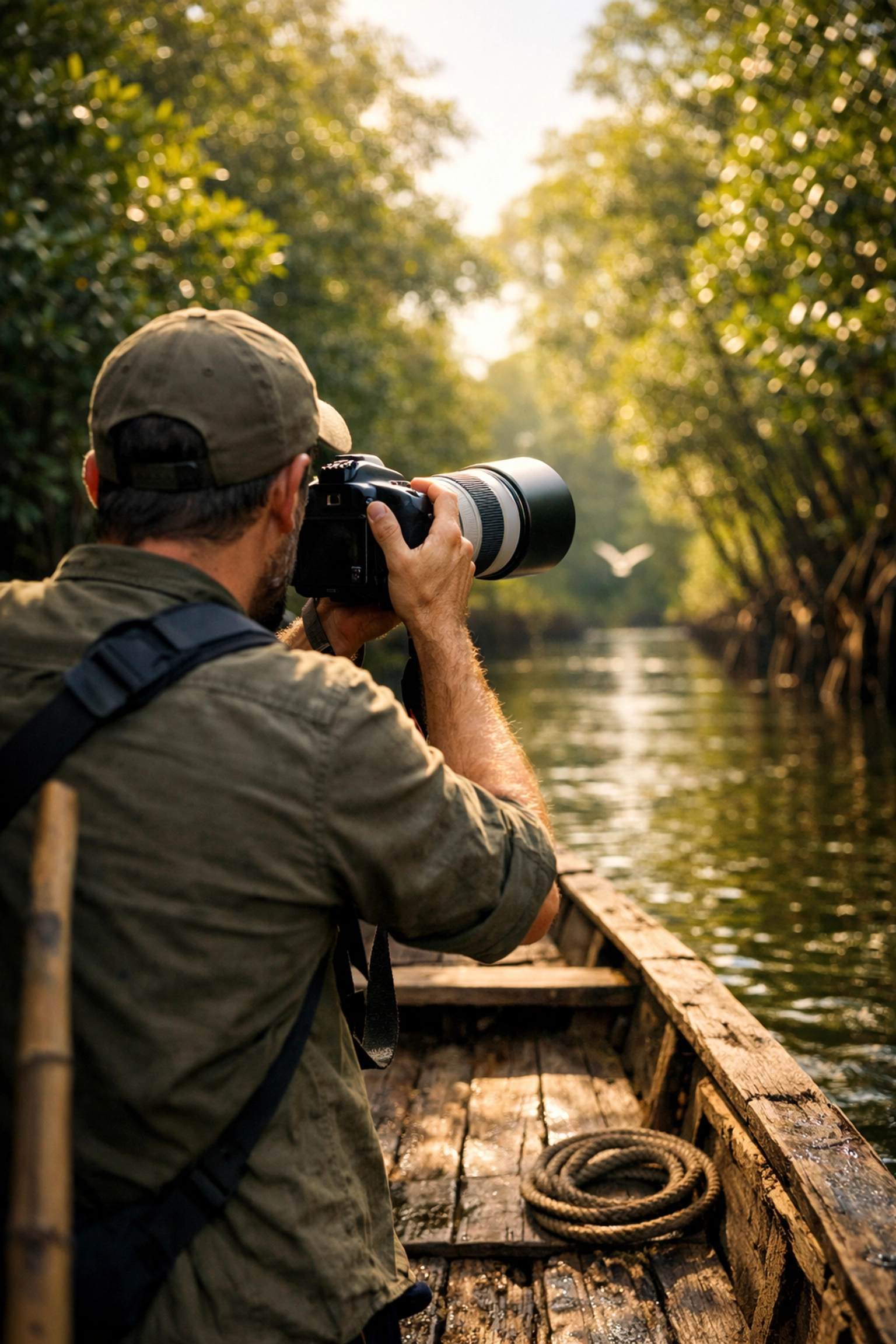 Photographer on an Everglades boat tour using a telephoto lens to capture birds in mangroves.