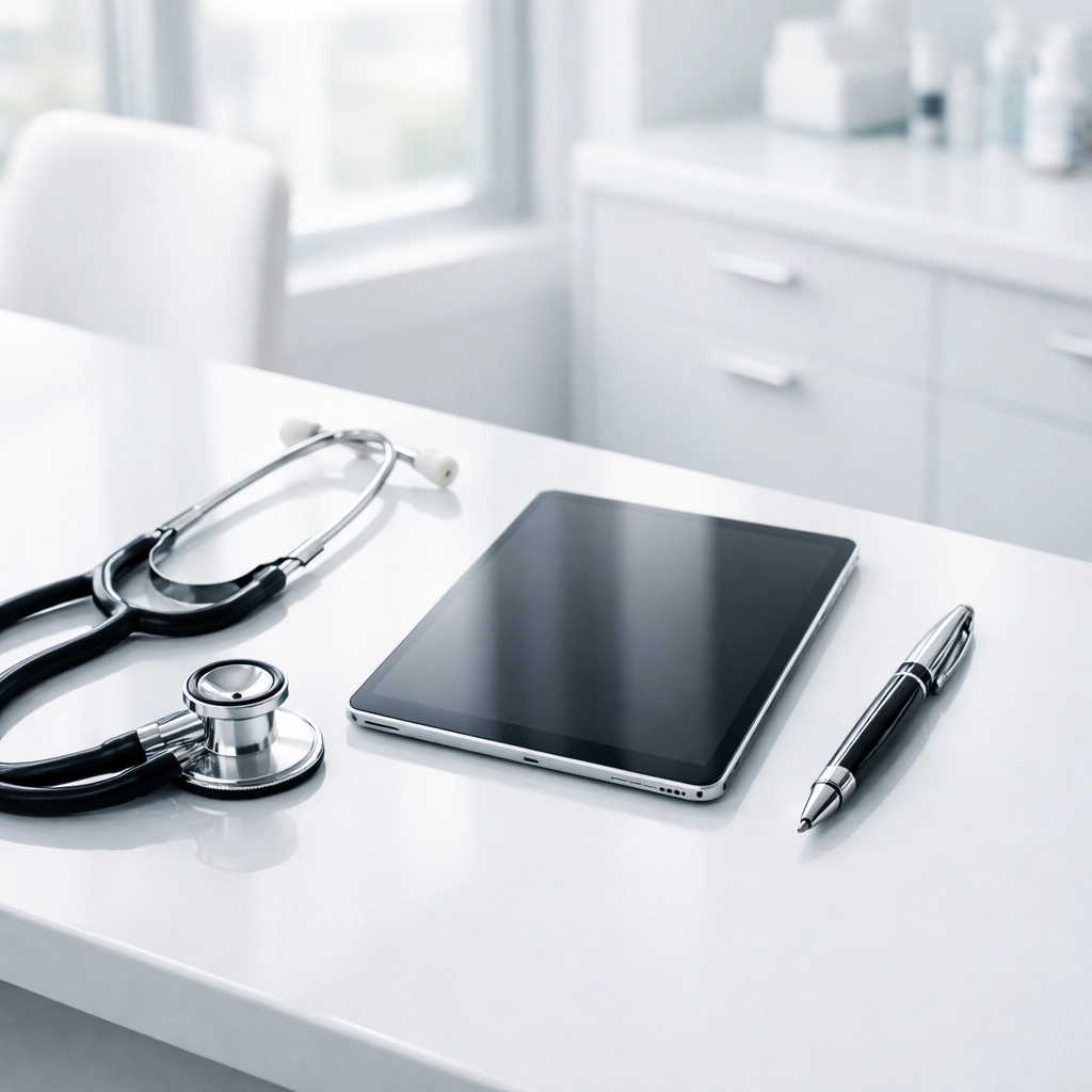 Modern clinical desk with a tablet used for GLP-1 insurance appeals and telehealth consultations.