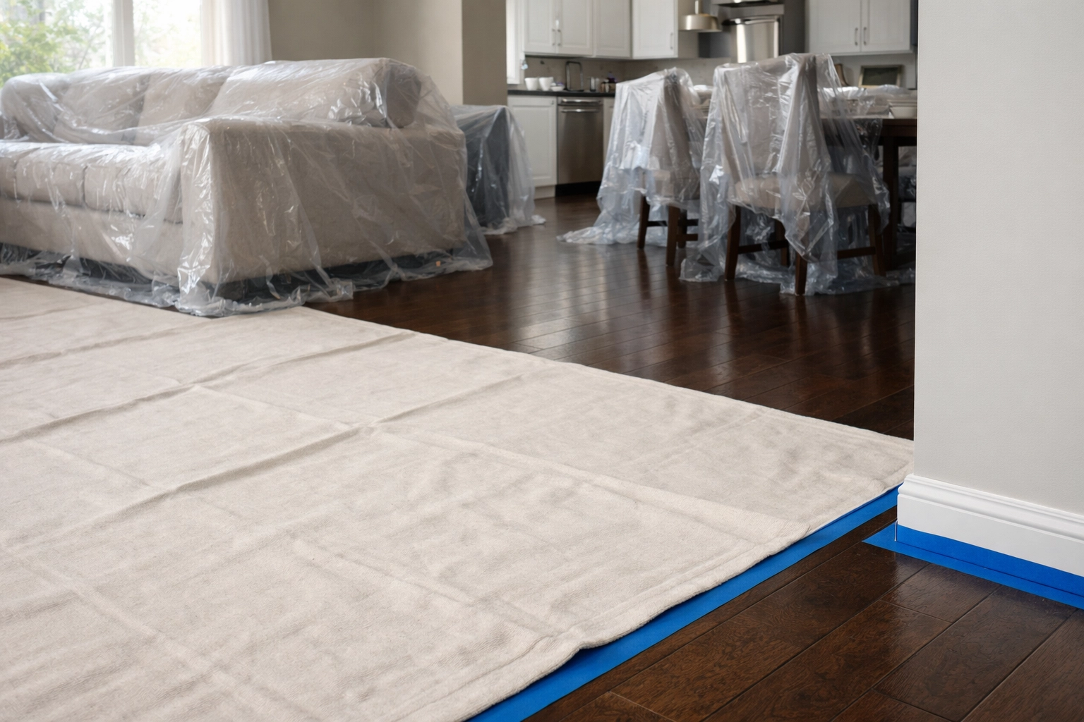 Professional painting prep work with blue tape and drop cloths to prevent property damage.
