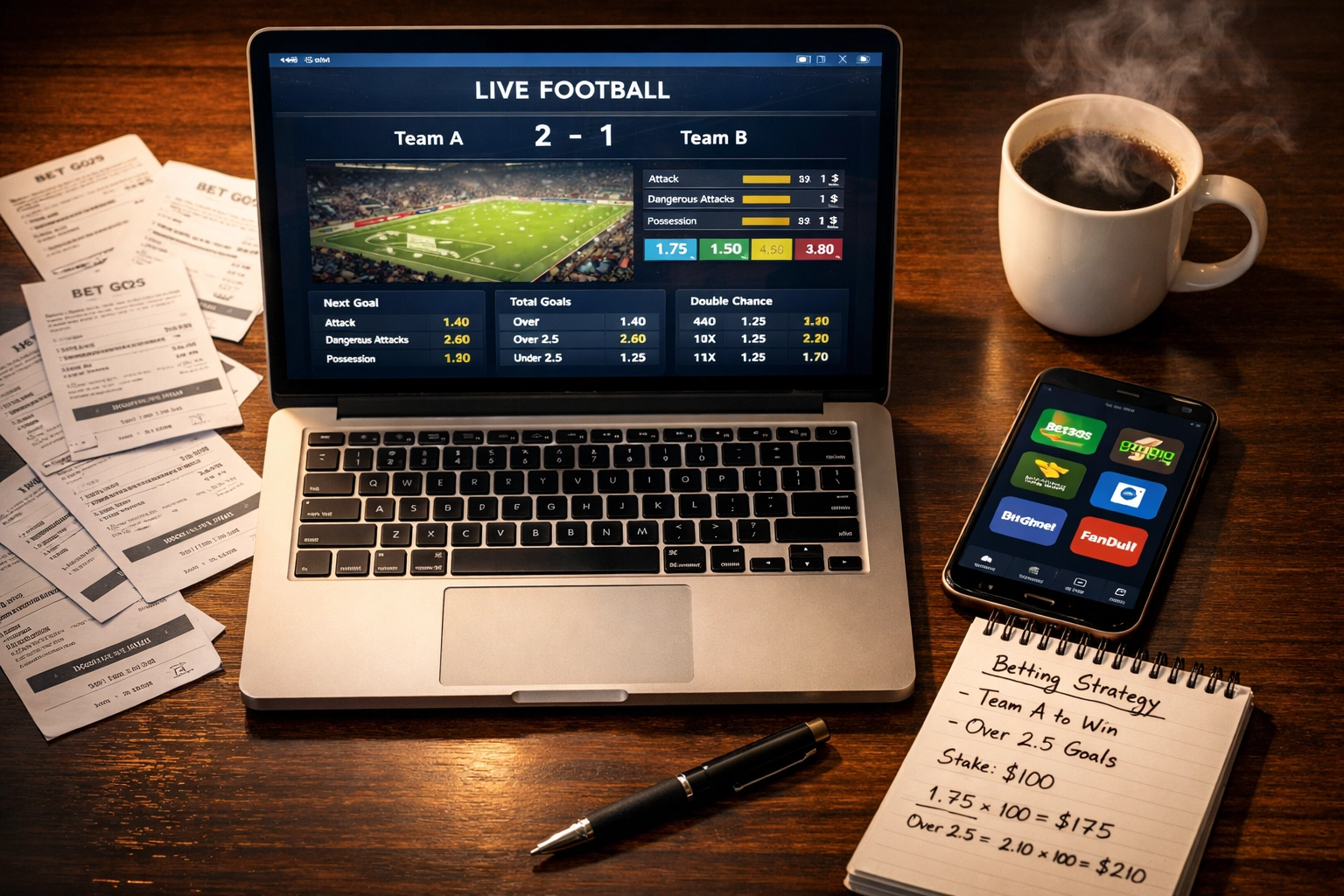 Sportwetten-Analyse am Laptop mit Wettscheinen und Strategie-Notizen auf dem Schreibtisch
