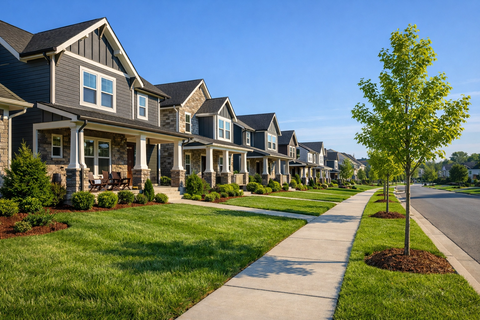 Modern residential street with new construction homes for sale in a Nashville TN neighborhood.
