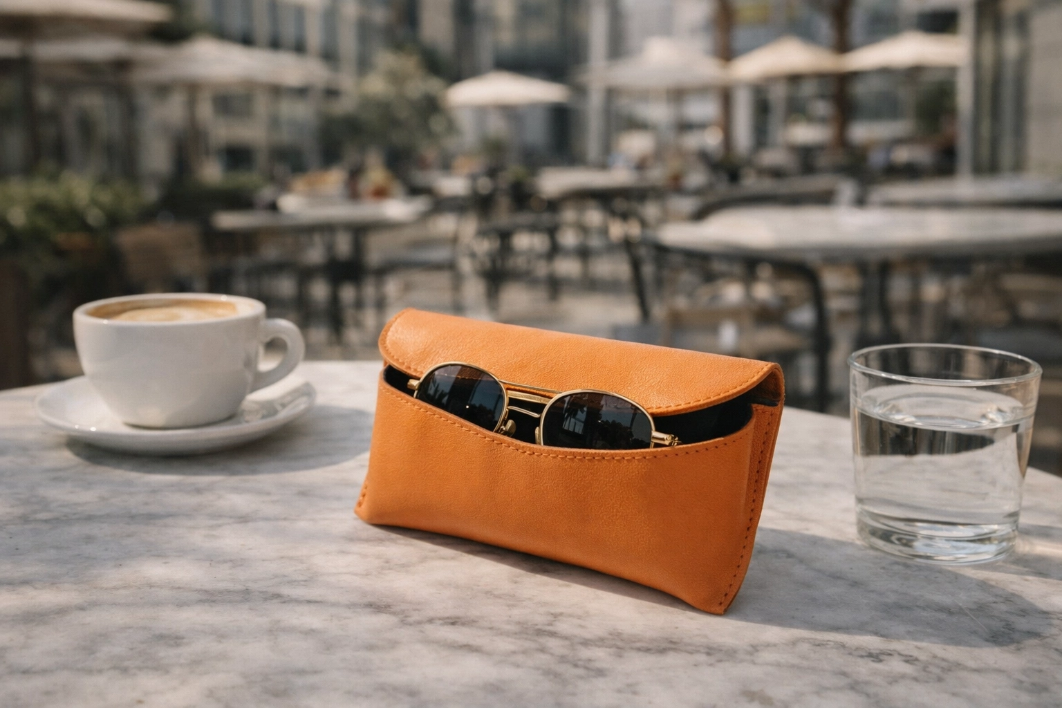 Orange Raven + Lily pouch repurposed as a sunglasses case on a cafe table, shot in an authentic real-life style.