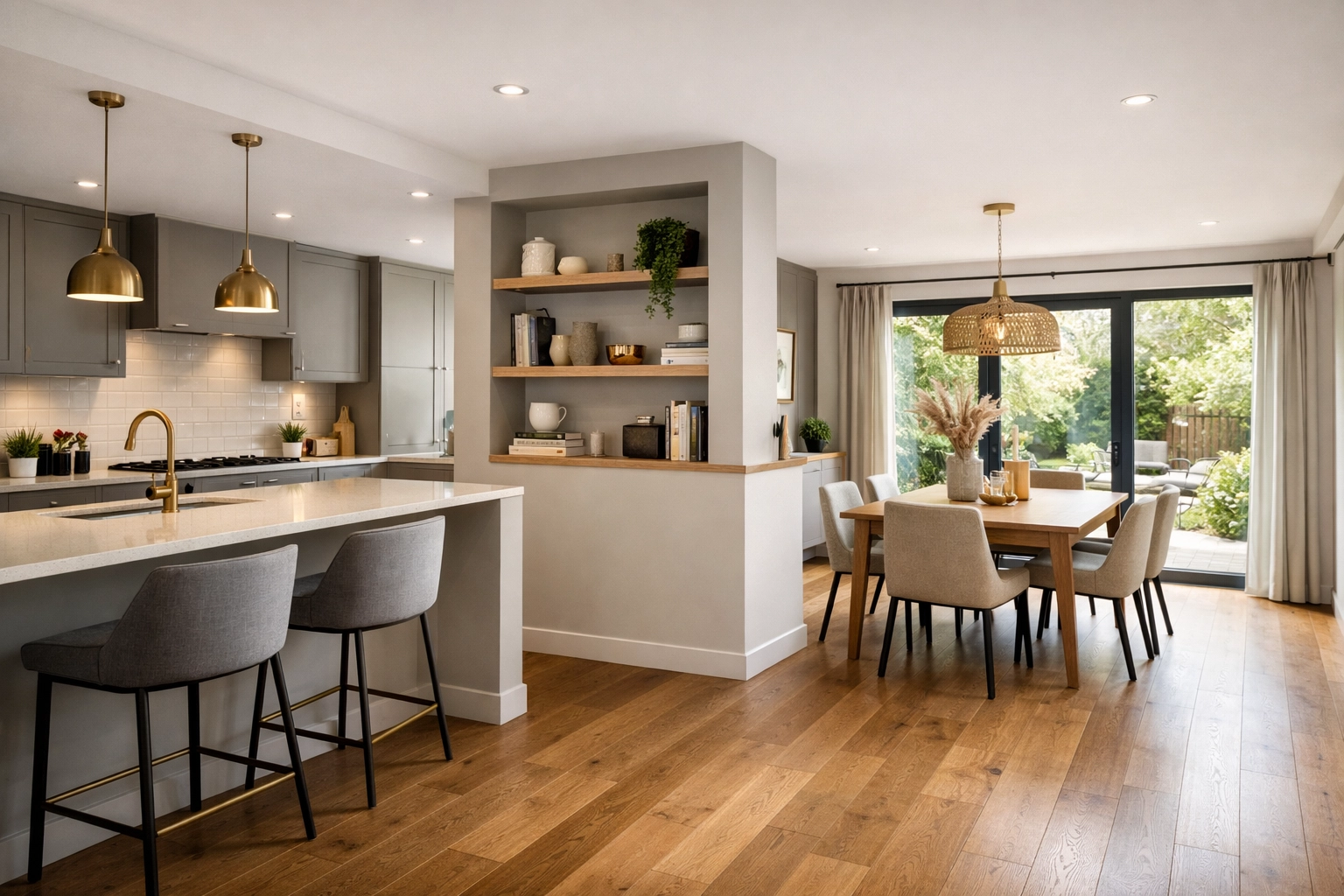 Broken plan extension with half-height wall separating modern kitchen from dining area