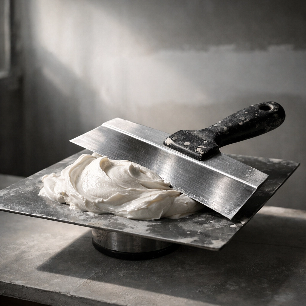 Drywall finishing knife and hawk with joint compound ready for feathering technique