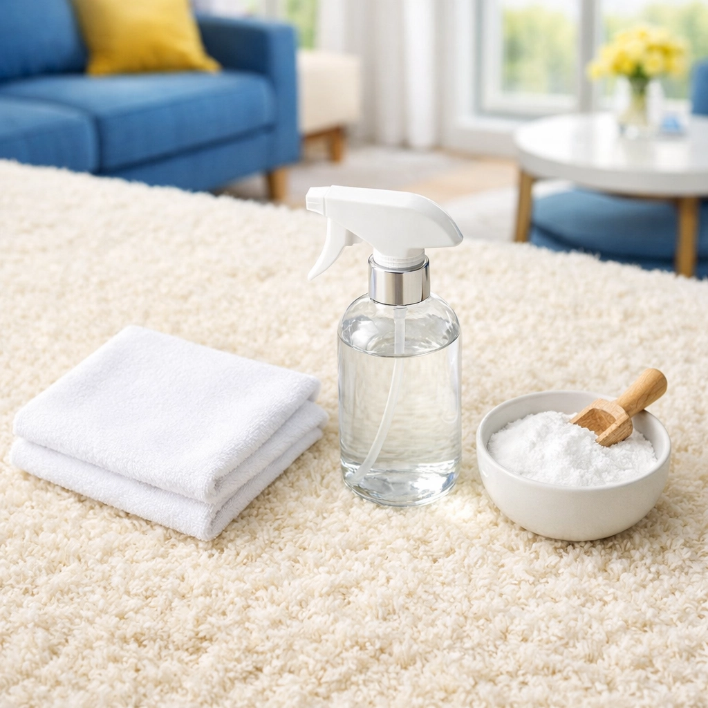 Essential carpet stain removal tools including baking soda and a spray bottle on a luxury rug.