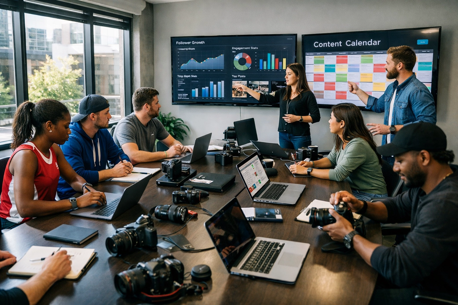 College athletes and marketing professionals collaborate on brand strategy and content