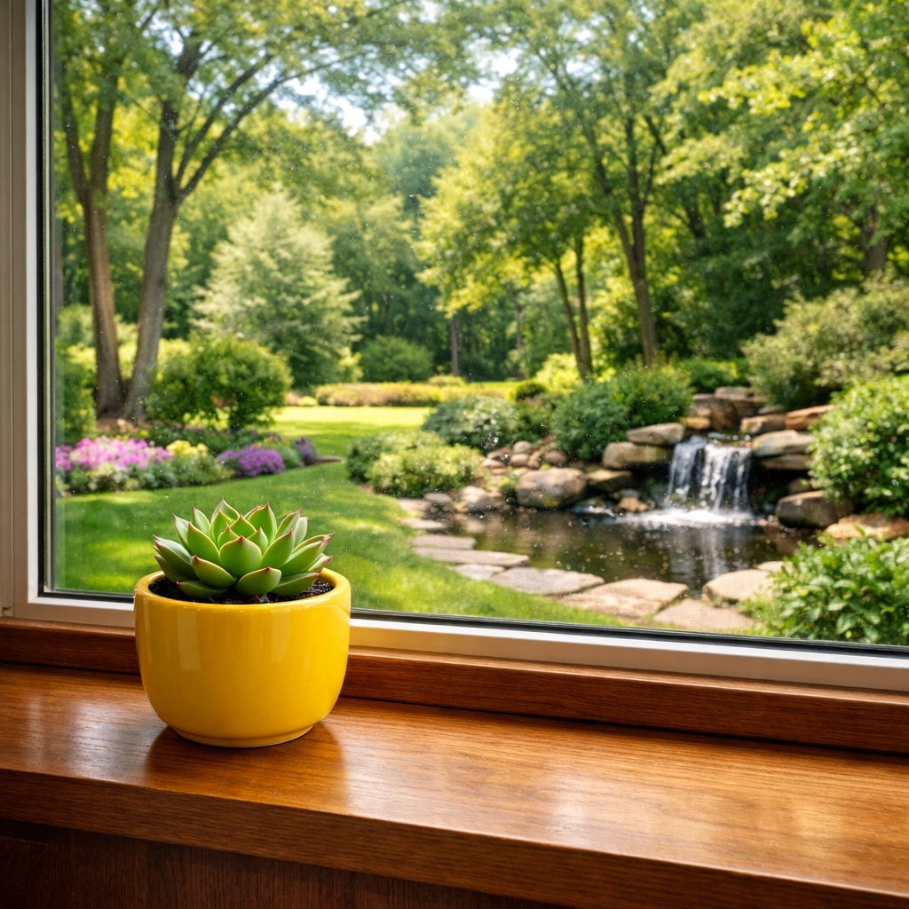 Clean interior window sill with a green plant representing eco-friendly house cleaning in Wellesley MA.