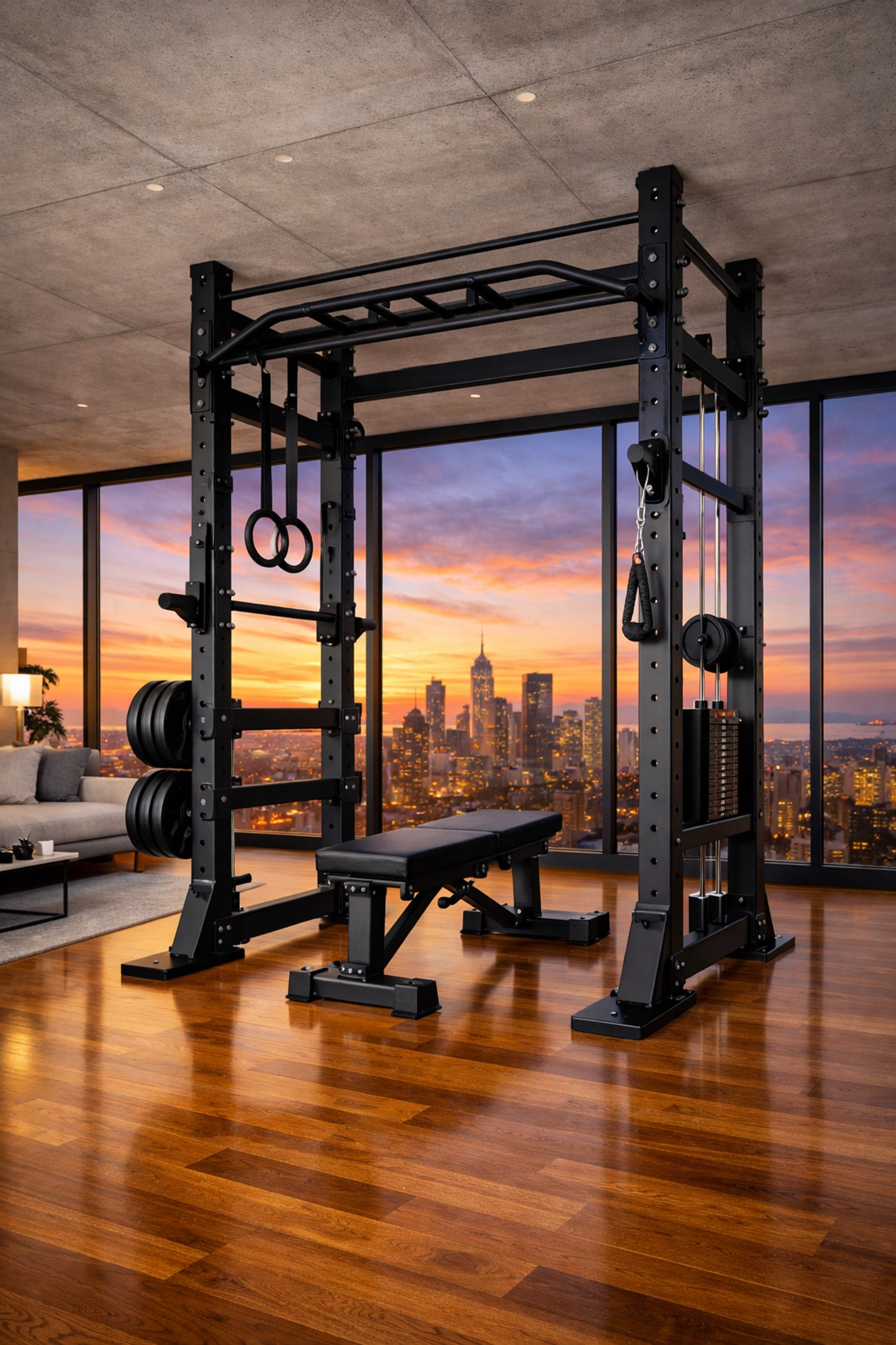 Resistance Rail floor to ceiling gym providing a no wall damage workout system in a home gym.
