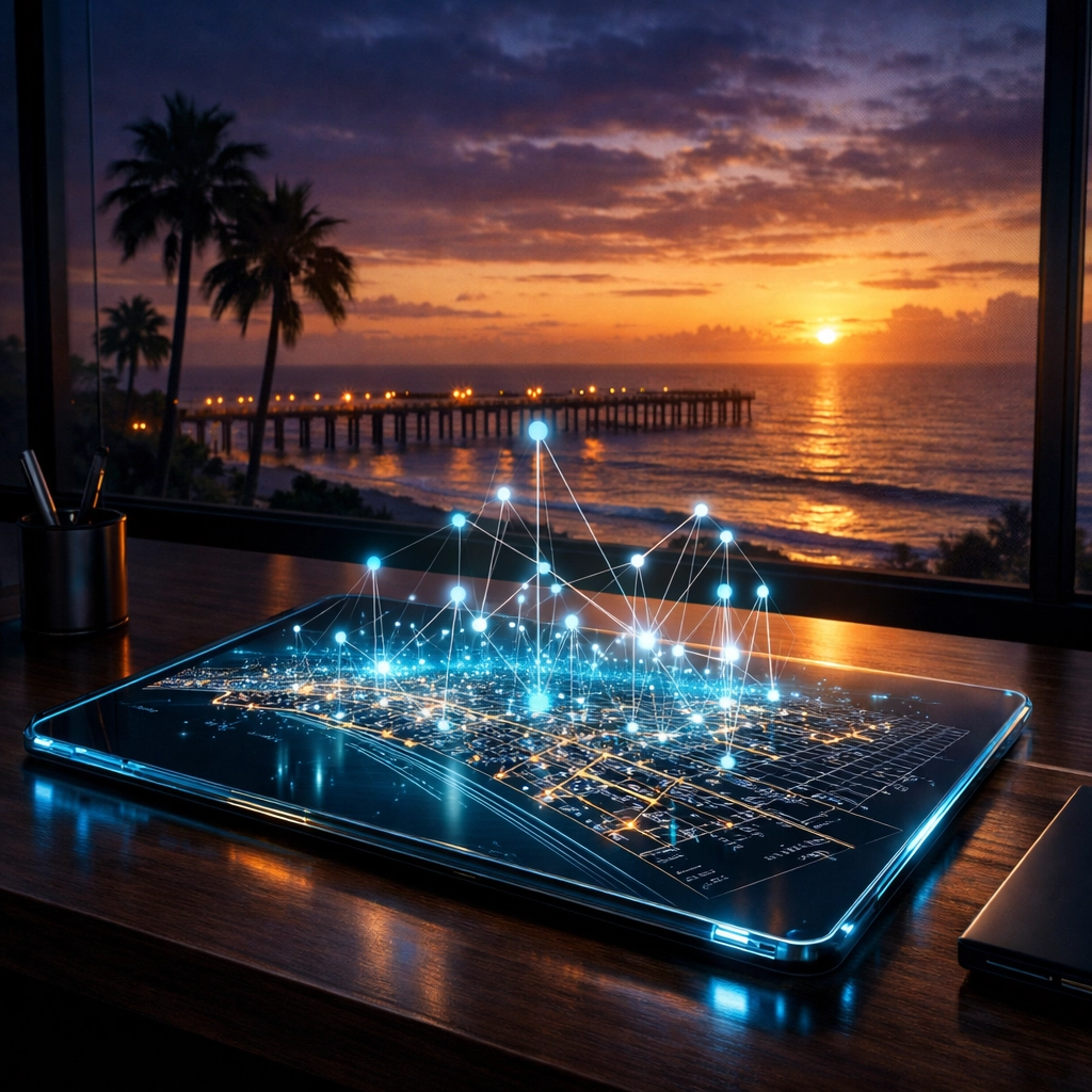 Advanced AI marketing data visualizing local search networks over a Venice Florida map at sunset.