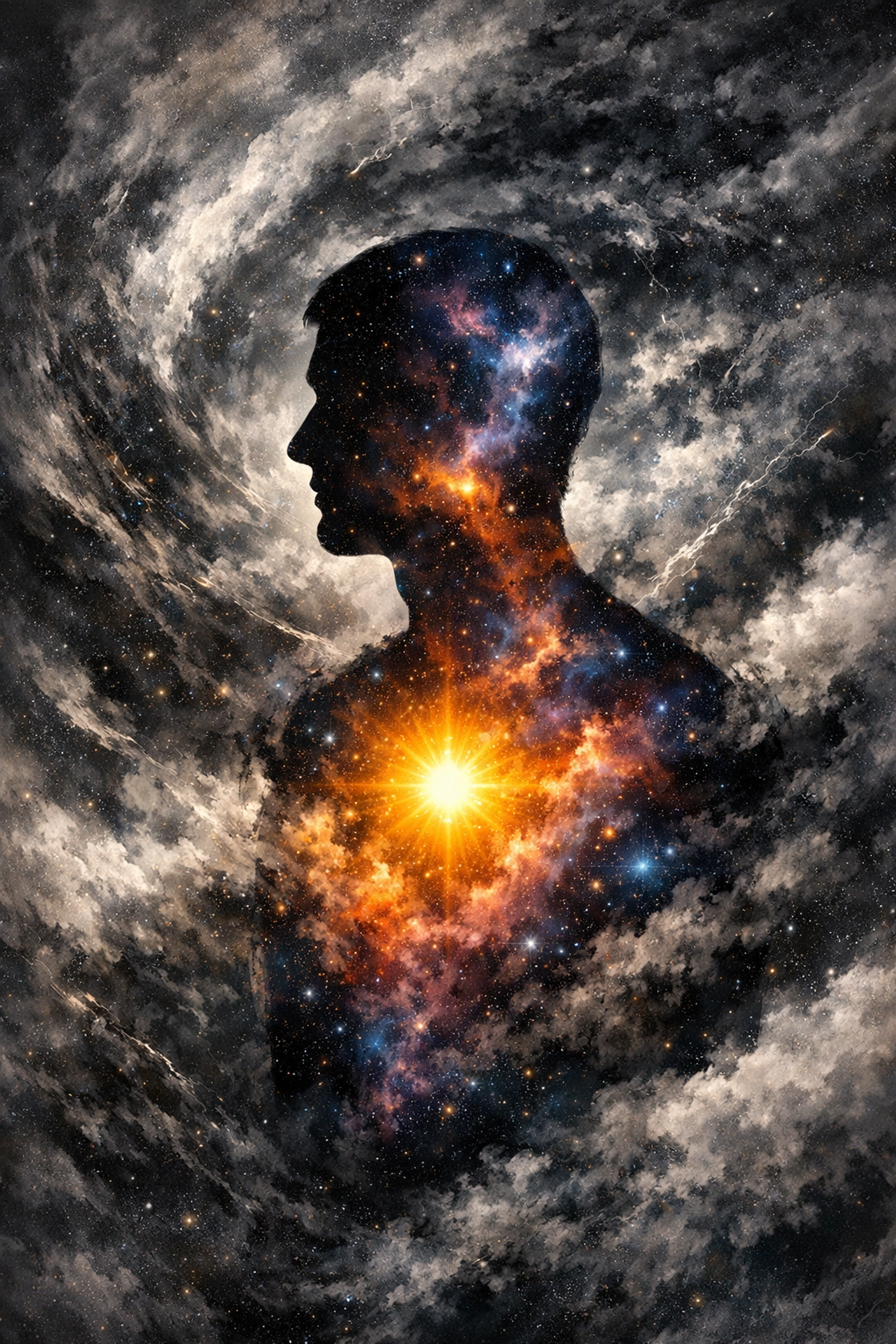 Human silhouette with a glowing inner sun representing biological calm and emotional regulation.