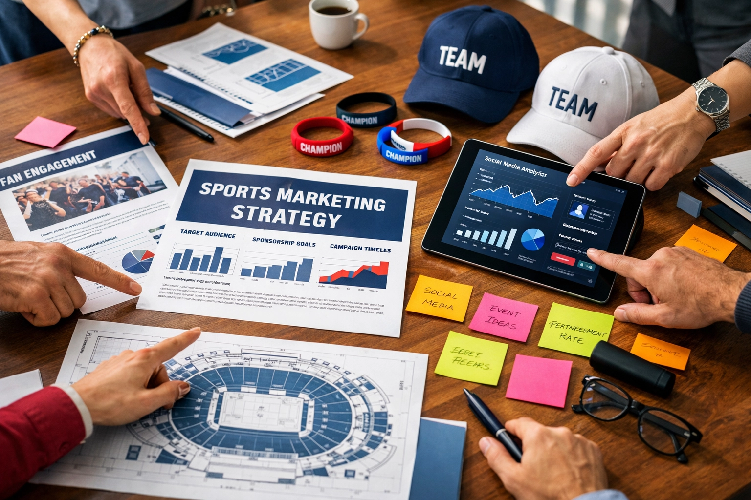 Sports marketing team planning brand activation strategy with analytics and merchandise samples