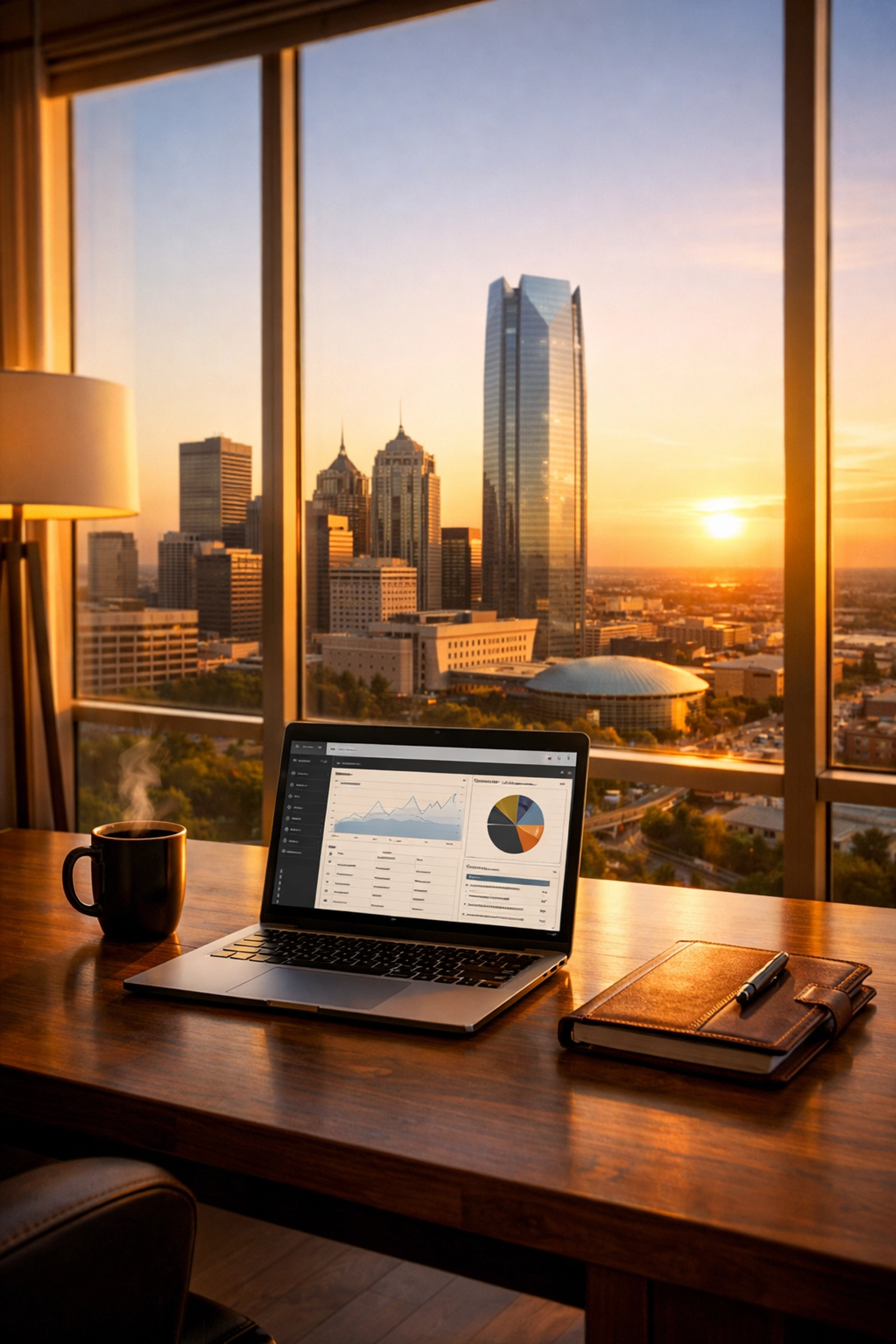 A modern home office overlooking Oklahoma City for students taking online real estate license courses.