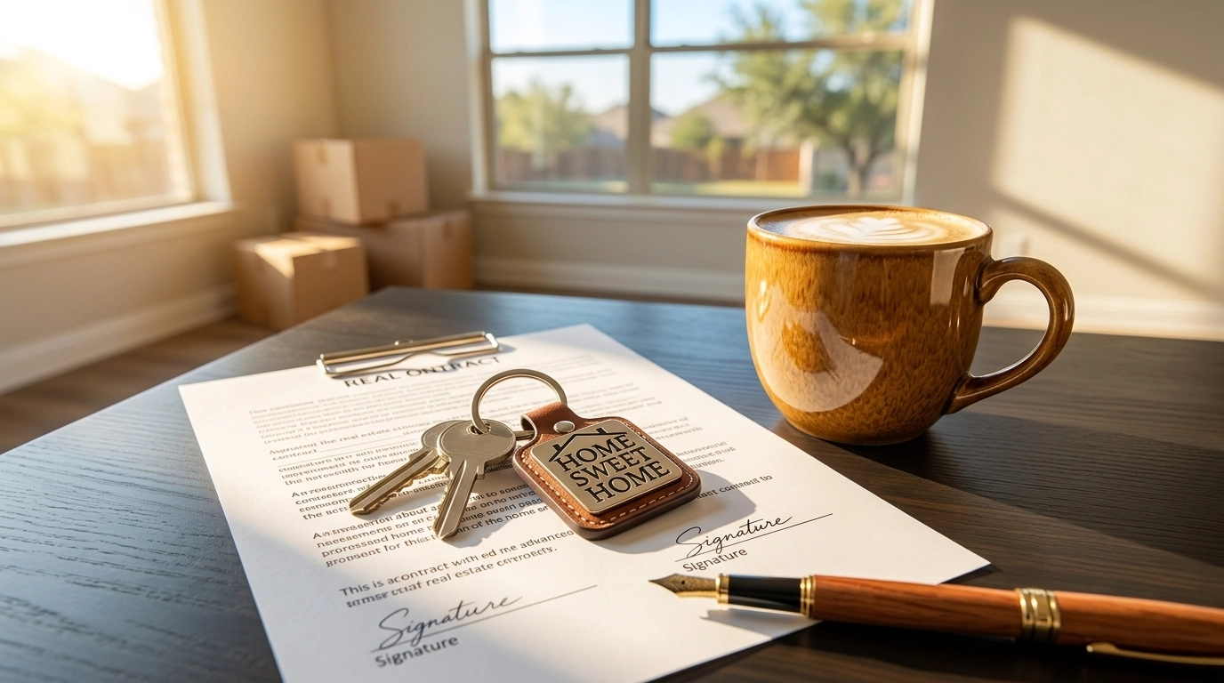 A celebratory image of house keys and a signed contract, marking the success of a first-time home purchase.