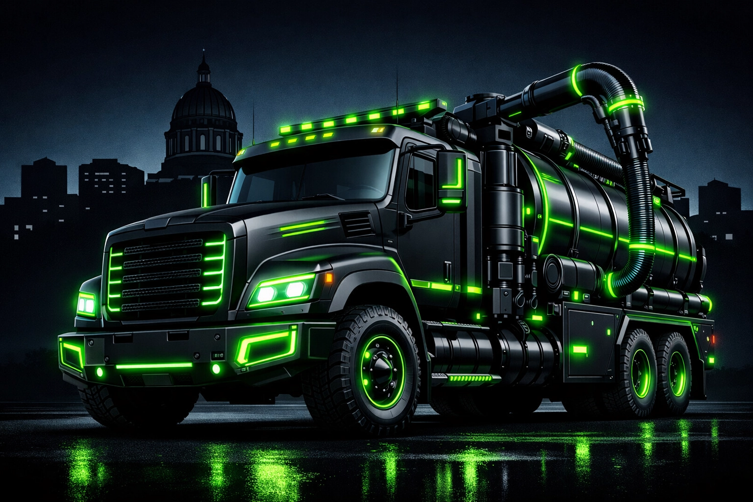 Professional septic pumping vacuum truck with Jefferson City capitol skyline in the background.