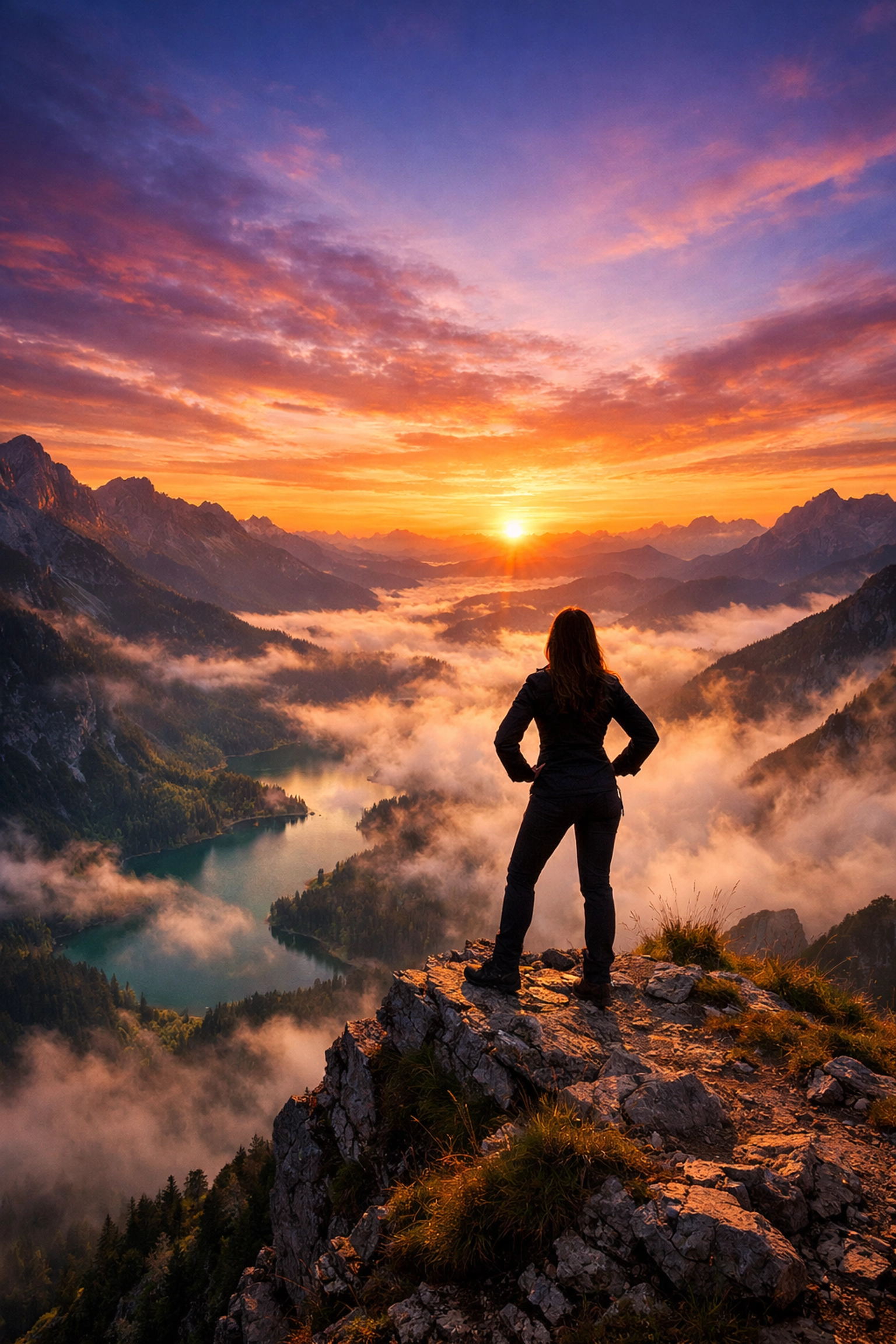 An empowered woman standing on a mountain ridge at sunrise, symbolizing professional growth and stepping into power.