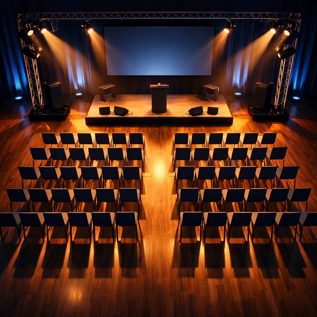 Modern conference room setup for entrepreneur seminar with organized seating and professional stage