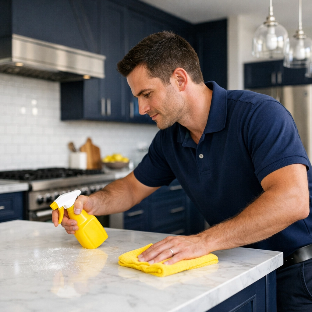 Expert cleaner polishing a marble countertop in a modern kitchen during a move-in cleaning in Nashua.