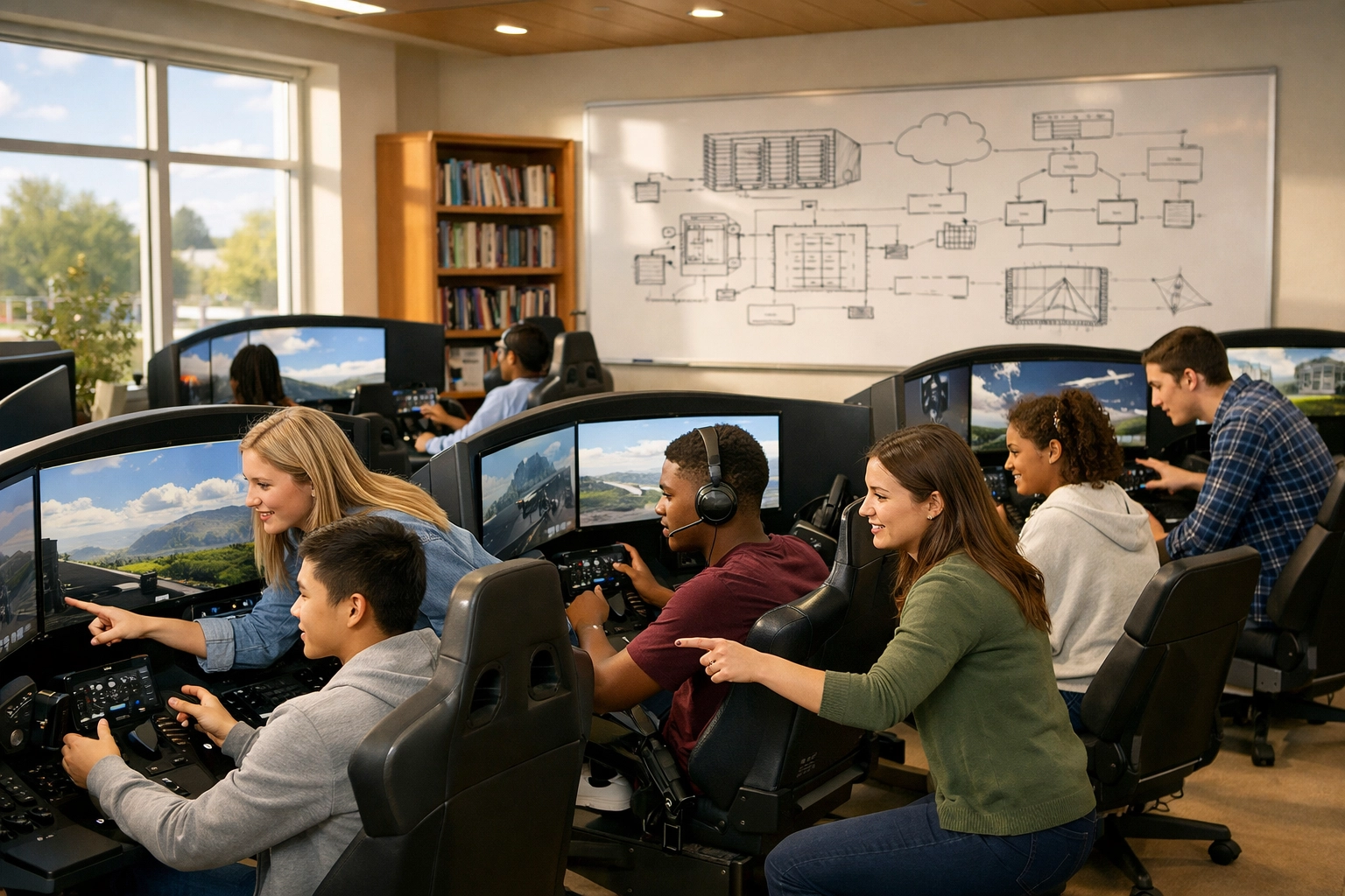 High school students in a modern media lab using simulator pods for STEM education and scaling media assets.