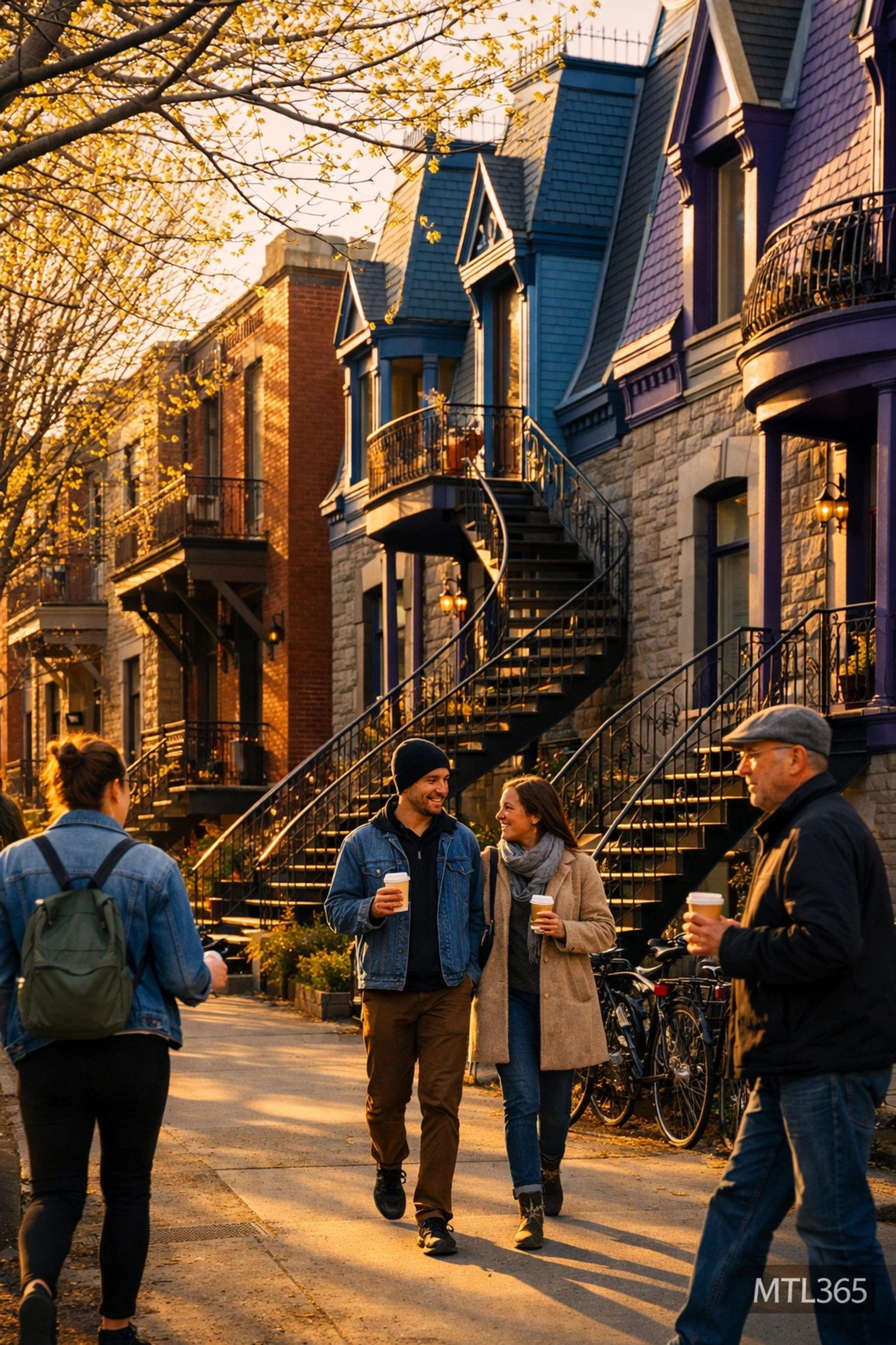 Iconic winding staircases and colorful Victorian houses in Montreal’s Plateau neighborhood during early spring.