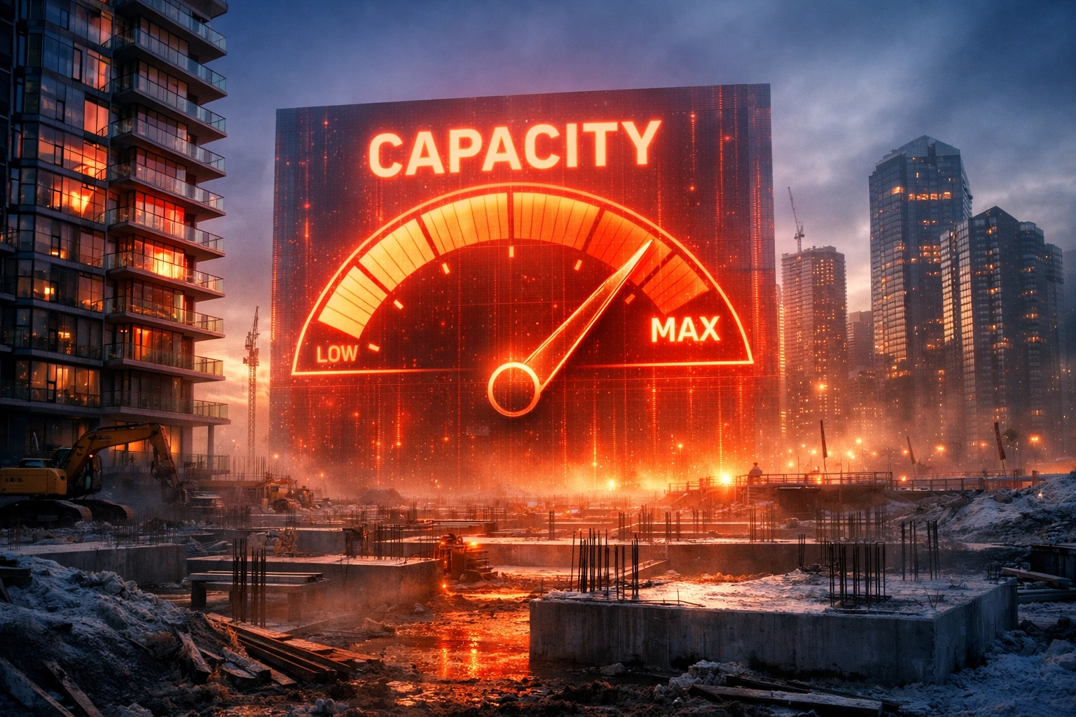 Red capacity warning over a Canadian city construction site, illustrating the strain of immigration on housing and infrastructure.