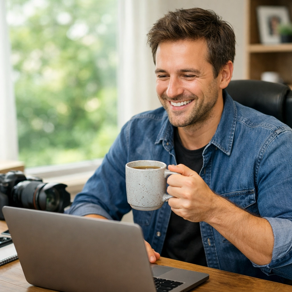 Happy photographer in a modern home office managing new client leads and a growing photography business.