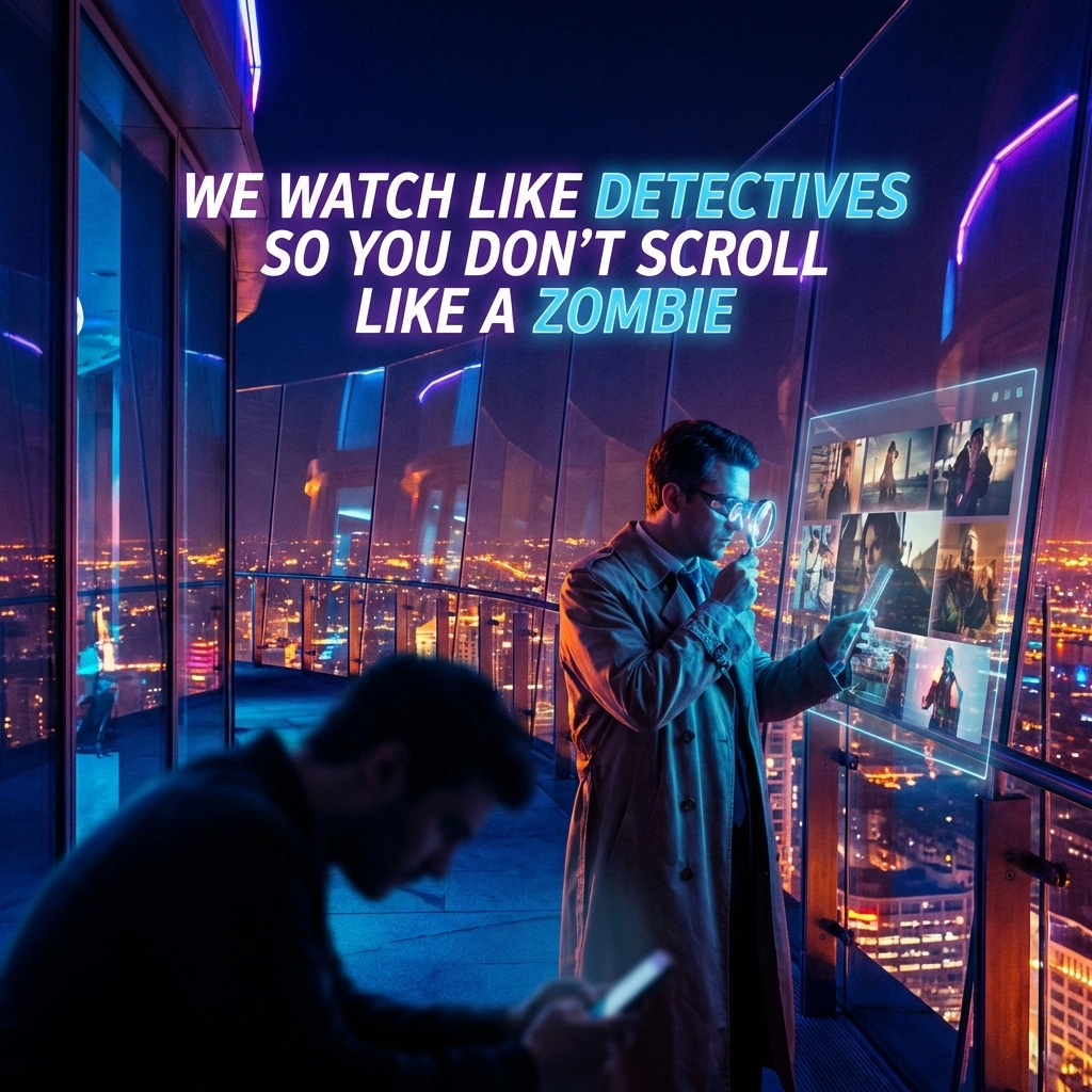 Person standing in front of a glowing digital screen at night, endlessly scrolling through content in a neon city setting, symbolizing mindless doomscrolling.