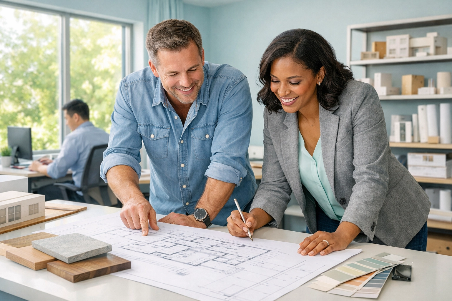 Collaborative design-build team reviewing blueprints for comprehensive construction services in Florida.