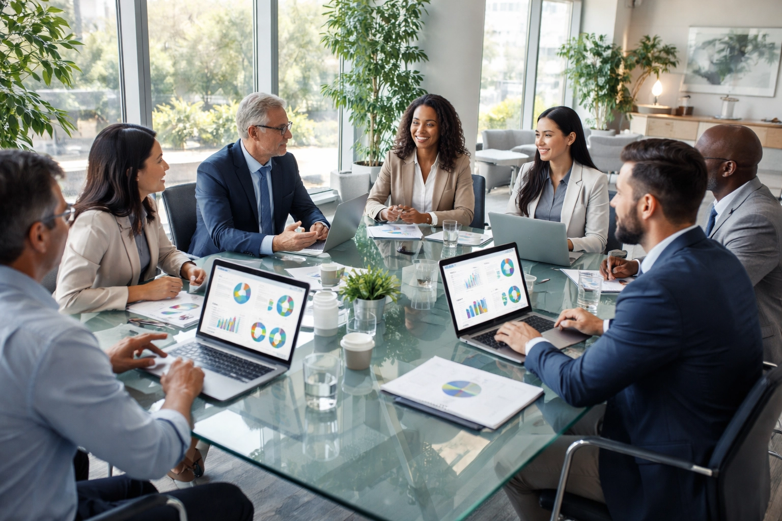 Business executives in a conference room discuss ServiceNow governance frameworks and strategic decision-making.