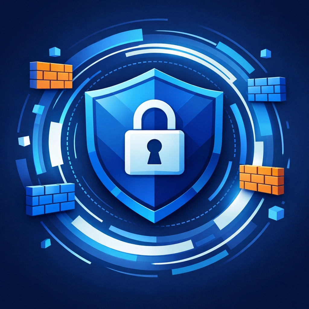 Website security shield with lock representing hosting protection and cybersecurity measures