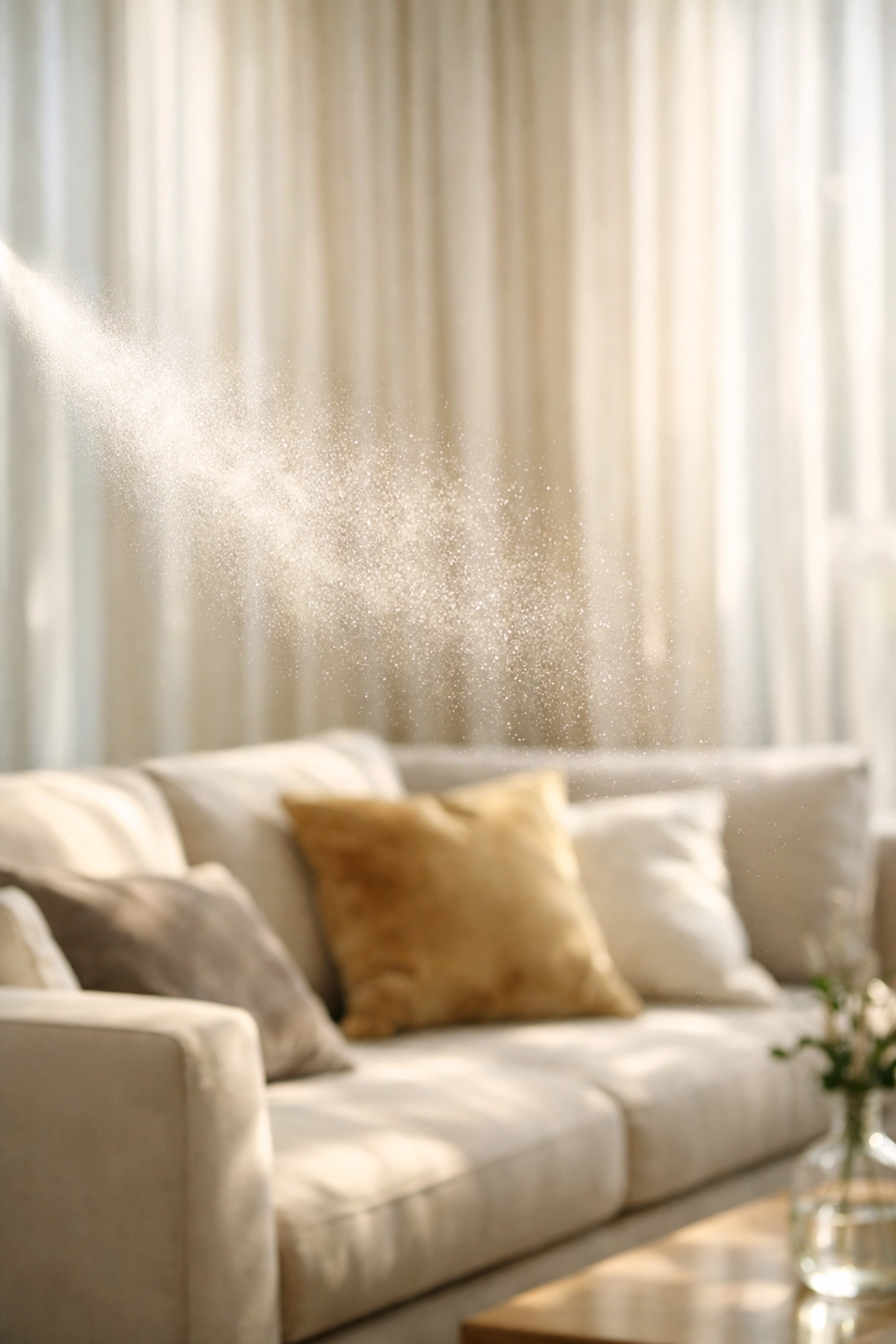Luxury room spray misting in a sun-drenched living room with cream linen curtains and velvet pillows.